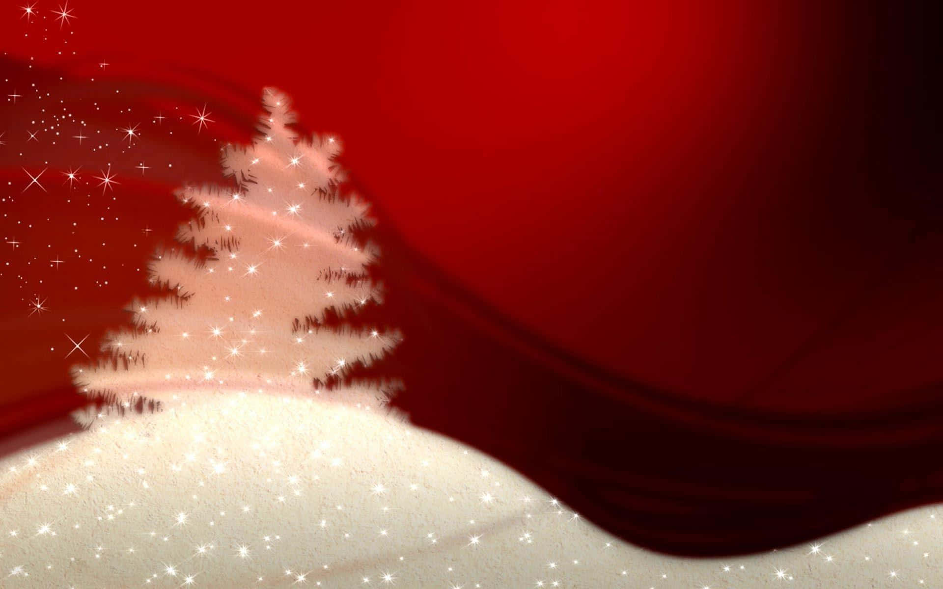 Snowy Christmas 桌布 壁紙 — 一棵發光的白色聖誕樹矗立在雪堆上，背景是豐富的紅色漸變天空，閃爍著星星。