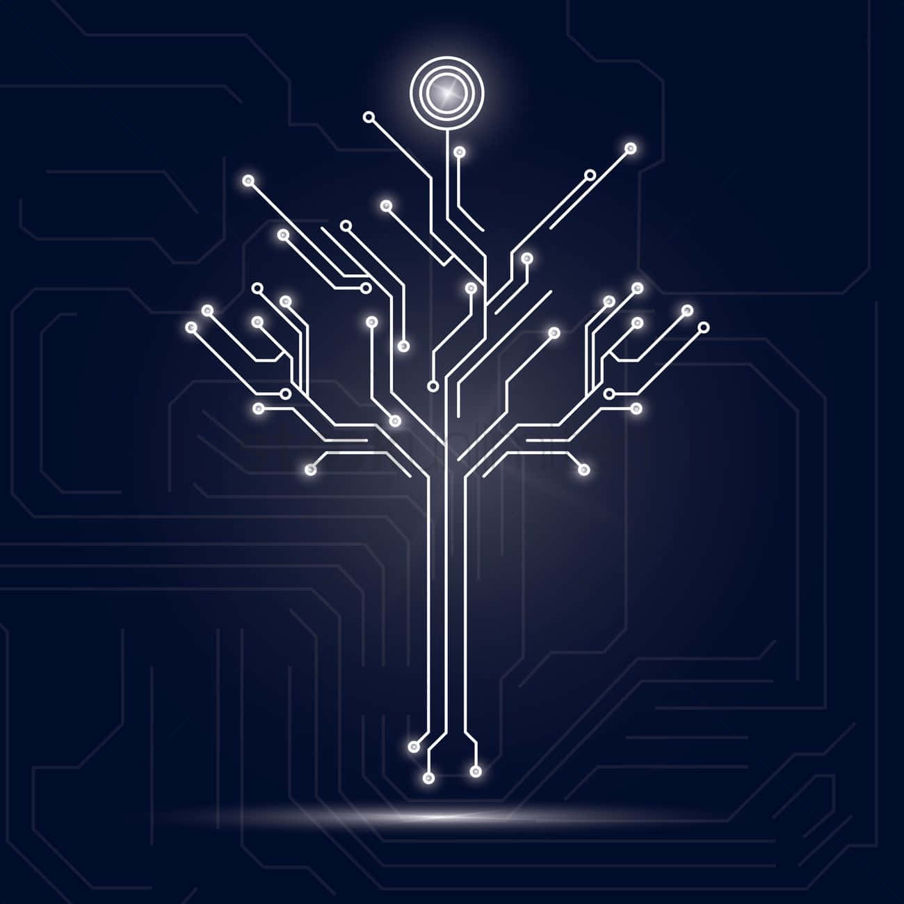 Circuit 桌布 壁紙 — 一棵發光的白色電路樹，帶有分支路徑和明亮節點，矗立在深藍色電路板背景上。