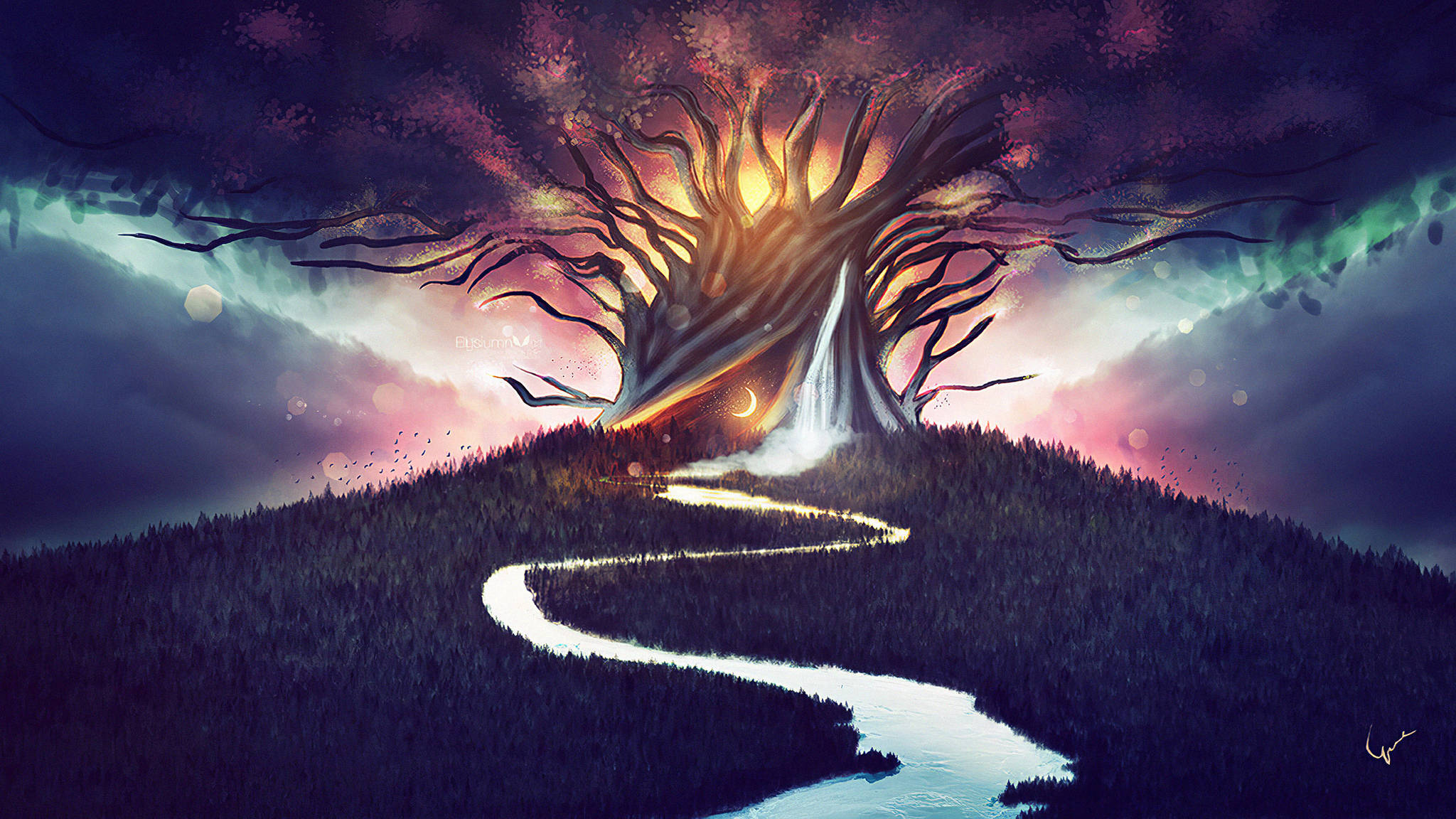 Tree 桌布 壁紙 — 一棵發光的神秘樹，瀑布從樹幹傾瀉而下，矗立在森林覆蓋的山丘上，上方是 vibrant 的極光天空。