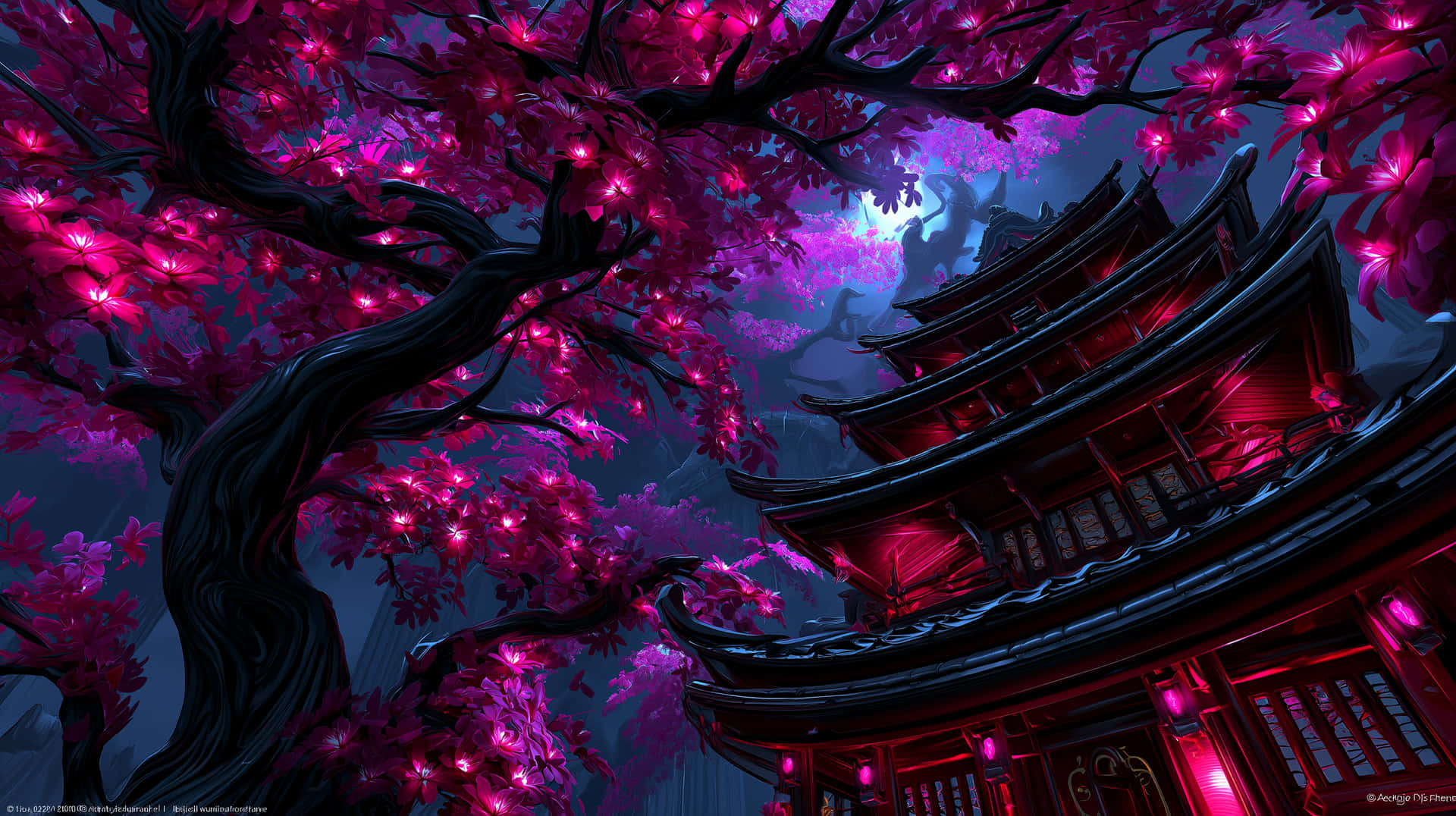 Ancient Pagoda Peeking Through Luminous Floral Canopy at Dusk 壁紙 — 一棵發光的粉紅色櫻花樹在神秘紫色天空下襯托著傳統紅色寶塔。