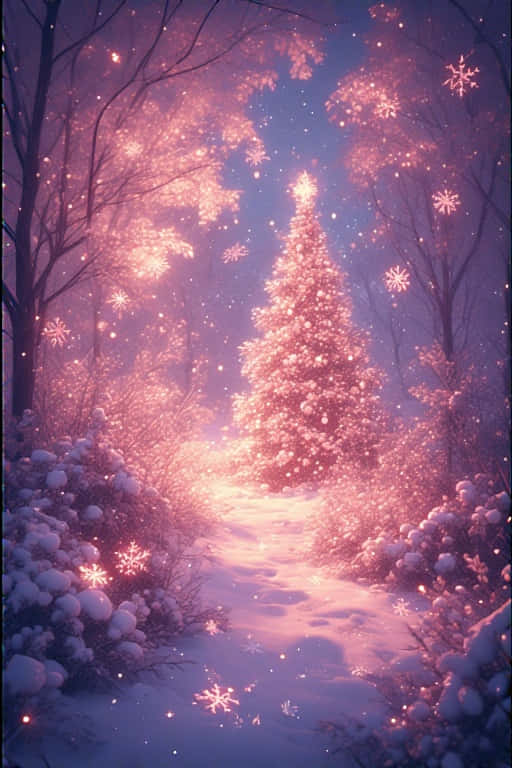 Cozy Christmas Scene Pink & White Festive Wallpaper 4K 壁紙 — 一棵發光的粉紅色聖誕樹矗立在魔法冬季森林中一條白雪皚皚的小徑盡頭，閃爍著雪花。