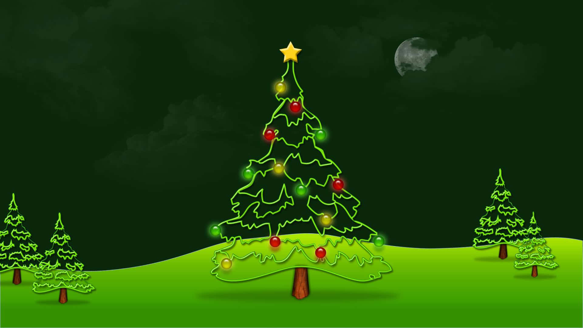 Christmas Card 桌布 壁紙 — 一棵發光的綠色聖誕樹，以霓虹燈勾勒輪廓，矗立在長滿草的山丘上，天空昏暗，掛著一彎新月。