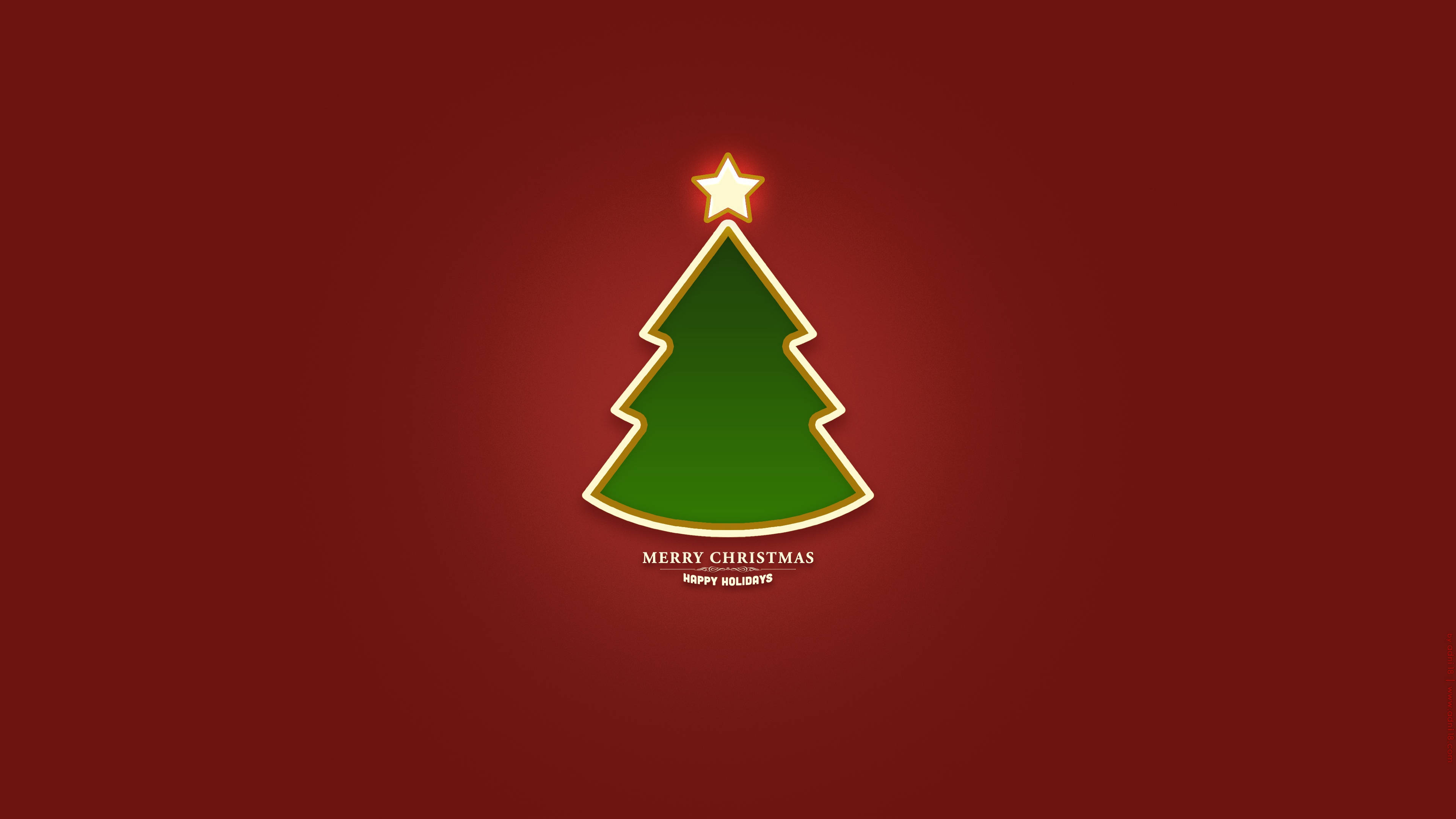 Minimalist Christmas 桌布 壁紙 — 一棵發光的綠色聖誕樹，頂端有一顆金色星星，居中於深紅色漸變背景上，下方有節日文字。