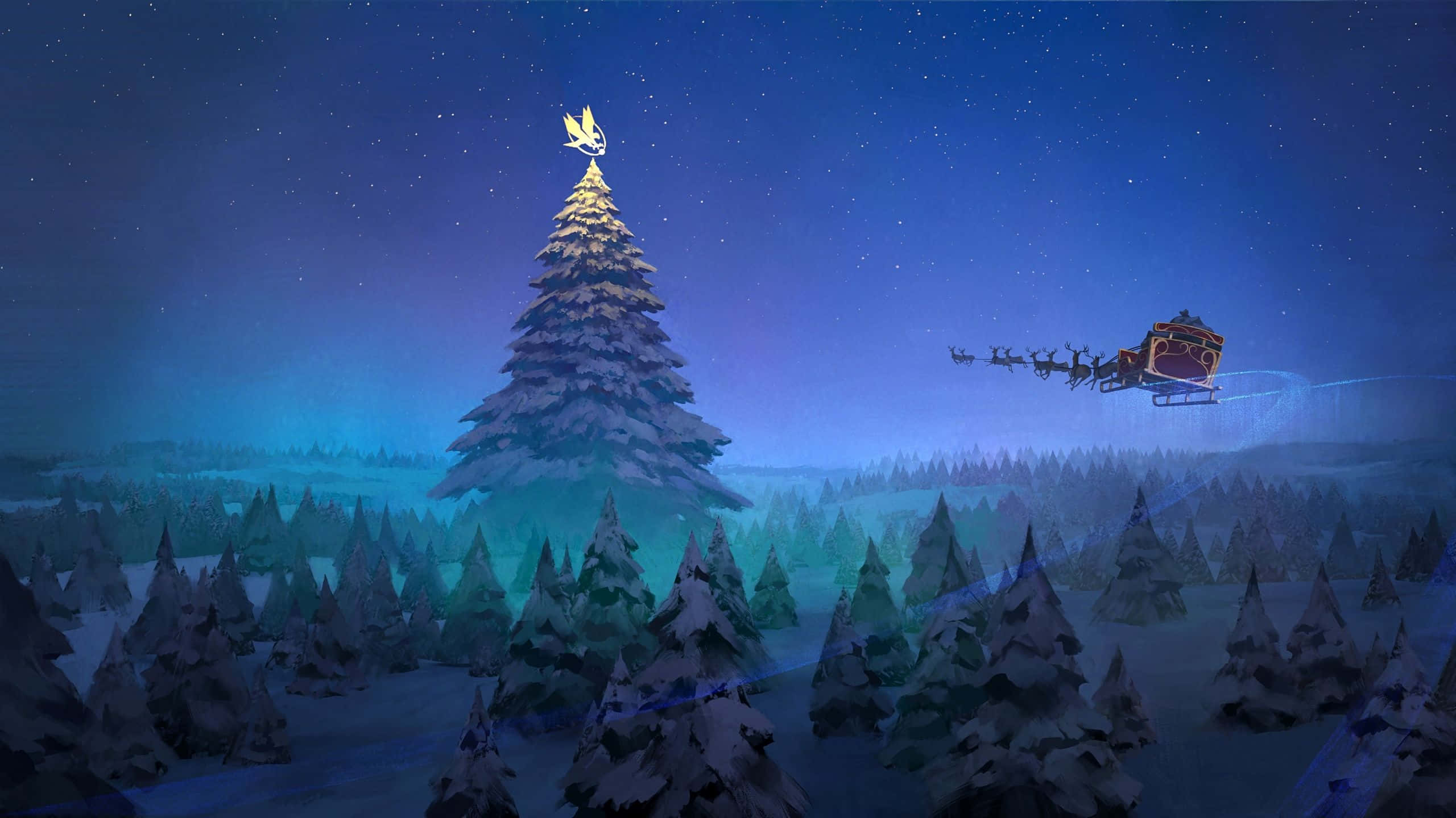 1920x1080 HD Christmas 桌布 壁紙 — 一棵發光的聖誕樹聳立在雪地森林中，聖誕老人的雪橇在繁星點點的夜空下飛過。