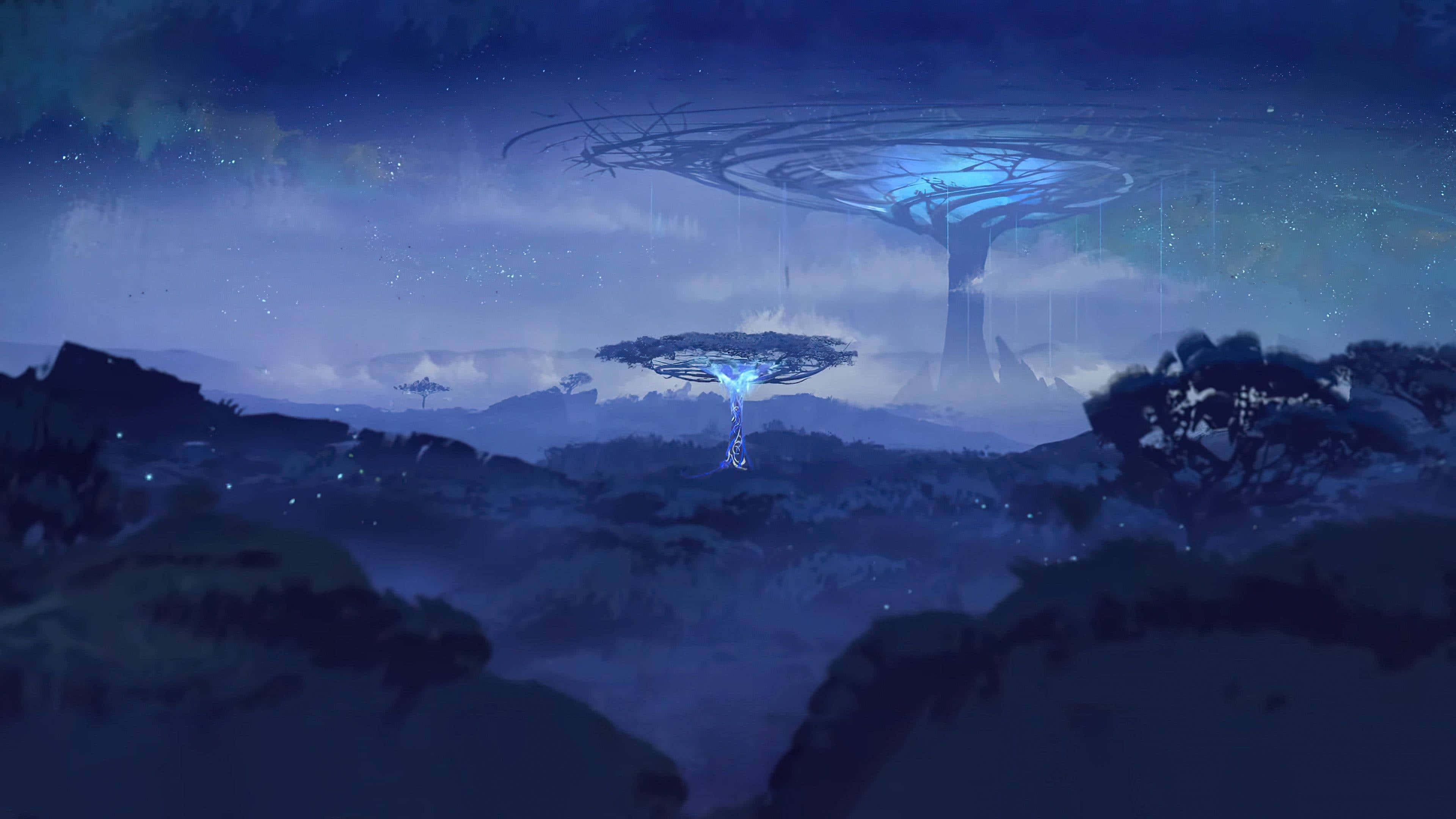 World Of Warcraft Shadowlands 桌布 壁紙 — 一棵發光的藍色樹木漂浮在霧氣瀰漫的山谷之上，星空夜幕下，遠處還有另一棵巨樹。