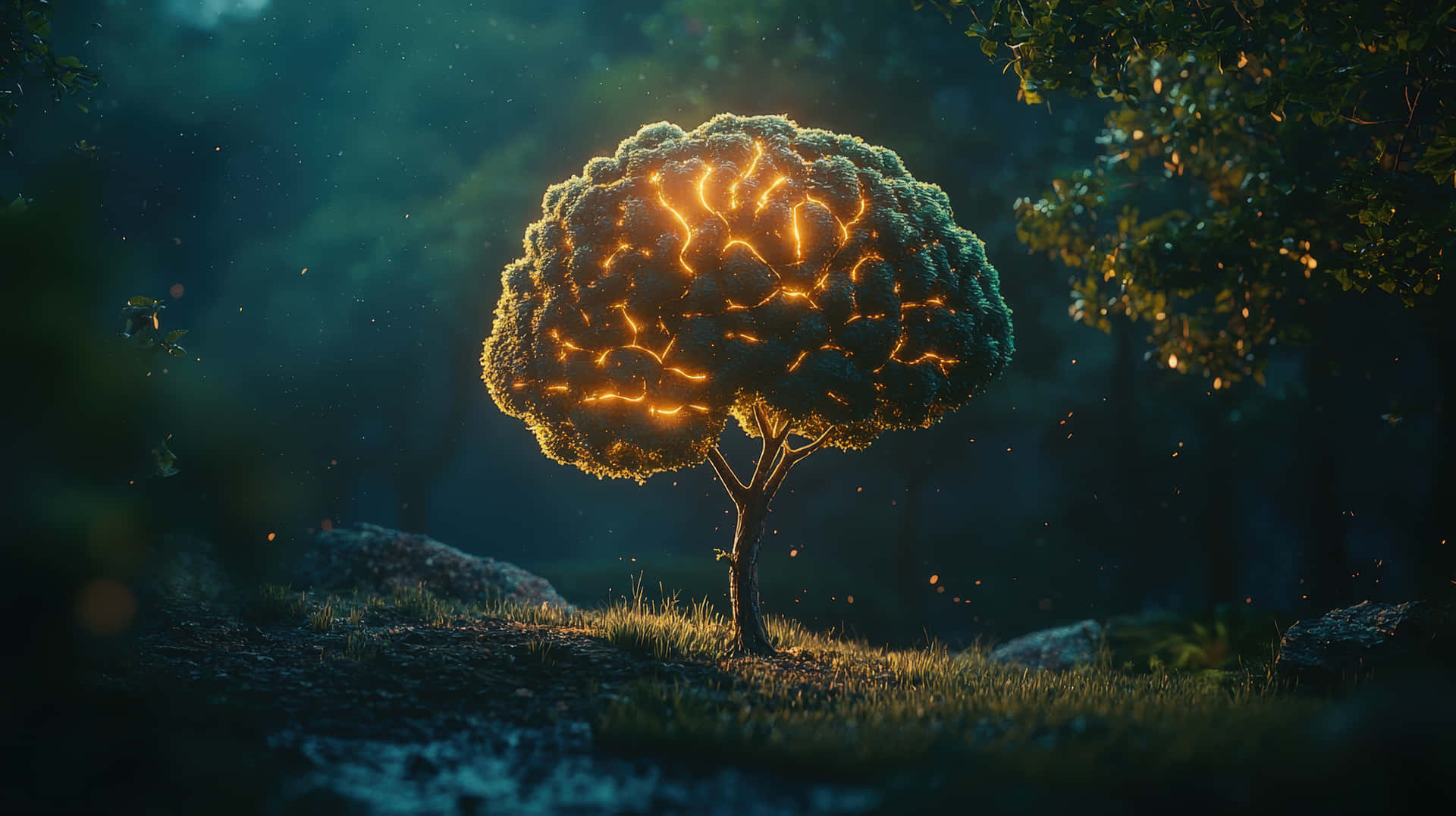 A surreal tree shaped like a glowing brain, illuminated from within, standing in a mystical forest 壁紙 — 一棵發光的金色大腦形狀的樹矗立在迷霧森林中，輻射狀的神經通路照亮了它的樹葉。