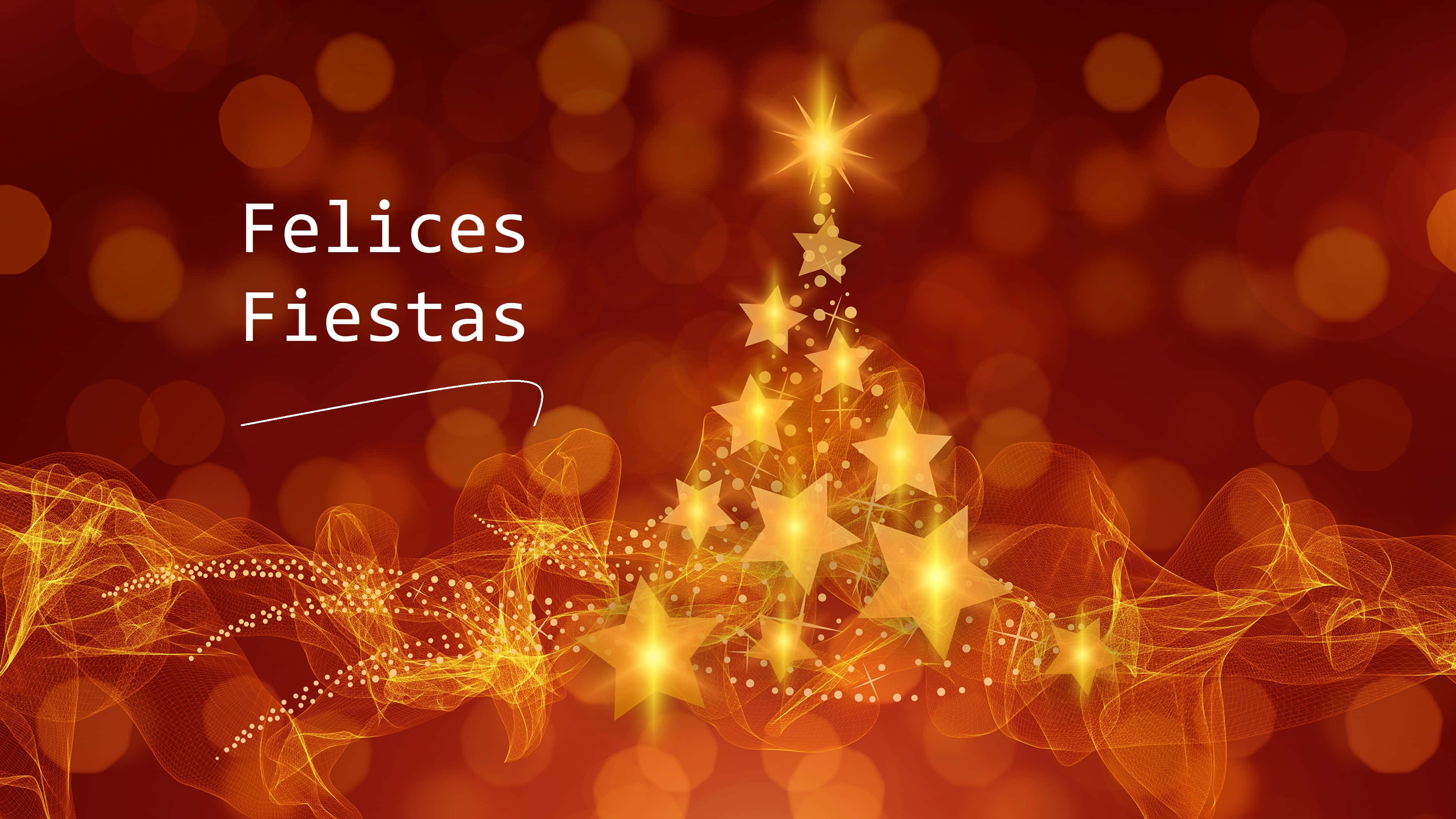 Happy Holidays 桌布 壁紙 — 一棵發光的金色星星樹，帶有旋轉的光跡，背景是溫暖的散景，並帶有「Felices Fiestas」文字。