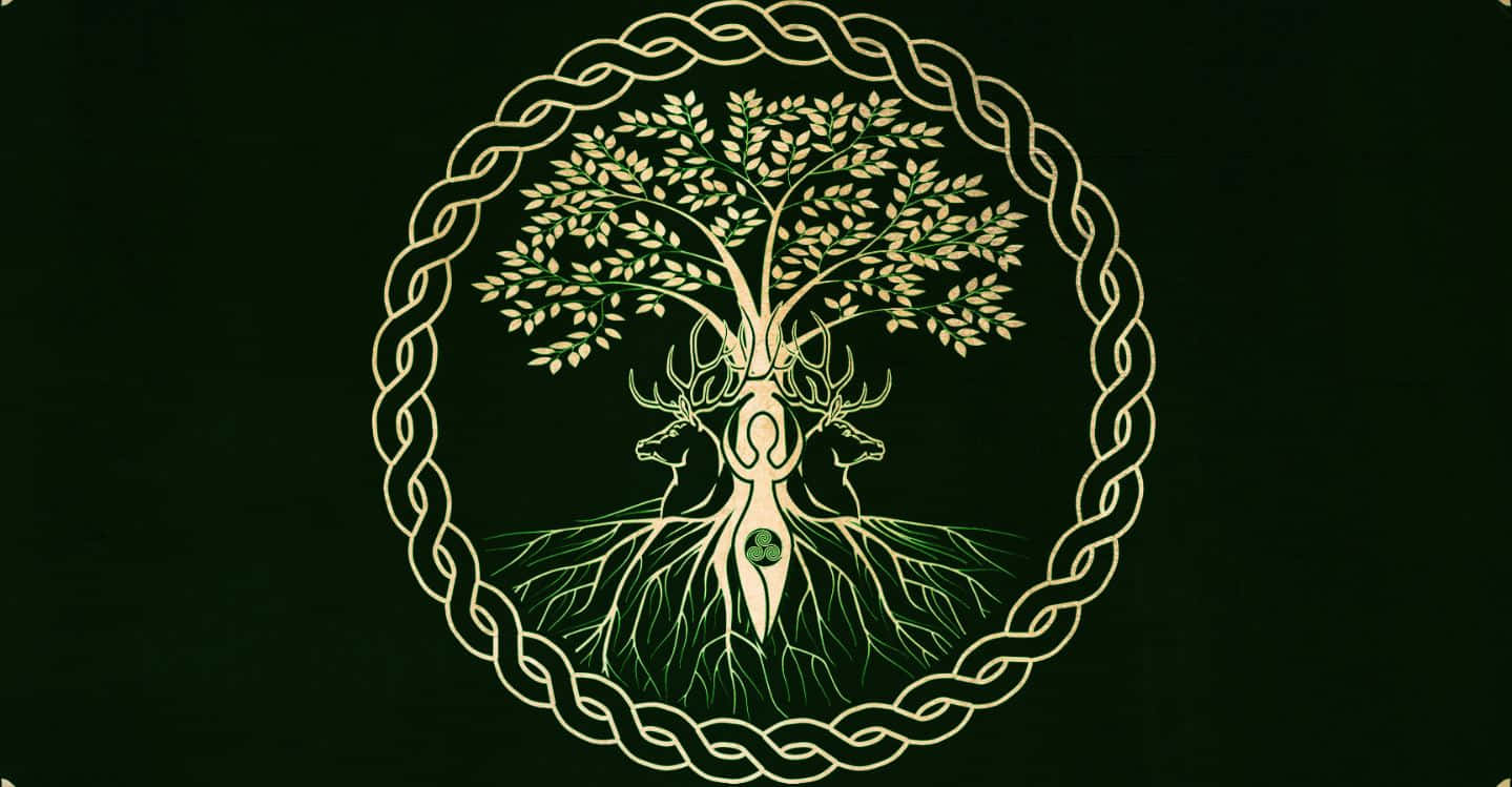 Pagan 桌布 壁紙 — 一棵發光的金色生命之樹，帶有鹿頭和樹根，被編織環圍繞在深綠色背景上。