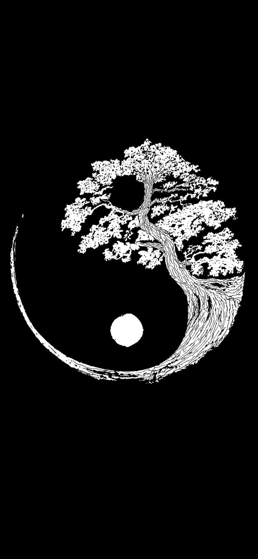 Ying Yang 桌布 壁紙 — 一棵白色線條藝術樹在黑色背景的陰陽符號內生長。