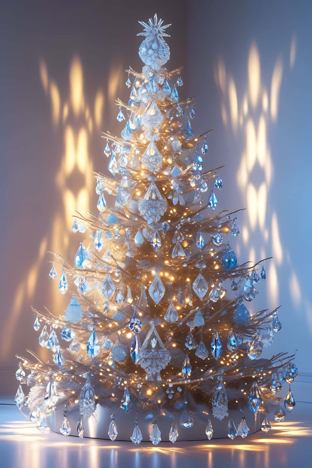 Elegant crystal christmas tree 壁紙 — 一棵白色聖誕樹，飾有藍色水晶裝飾和溫暖的金色燈光，在淺色牆壁上投下柔和的陰影。