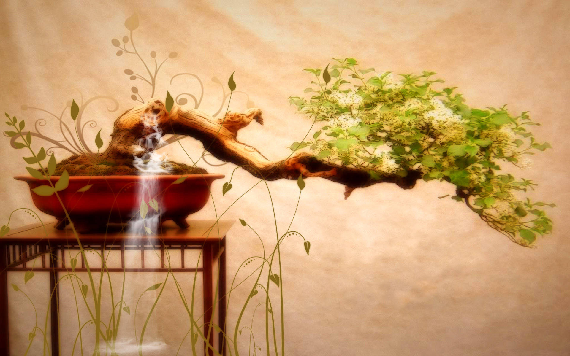 Bonsai 桌布 壁紙 — 一棵盆景樹，樹幹彎曲，綠葉茂盛，放在木架上的紅色花盆中，瀑布從其根部流下，背景是帶紋理的米色牆壁。