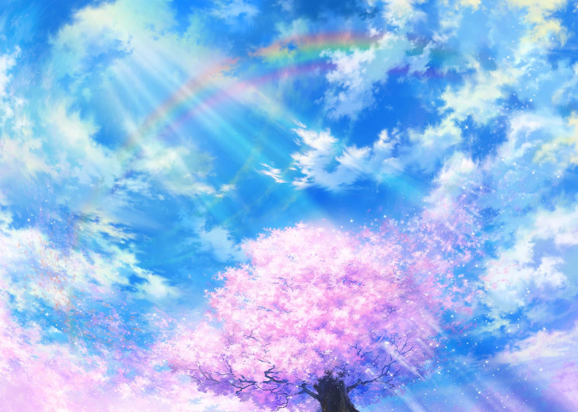 Anime Sky 桌布 壁紙 — 一棵盛開的櫻花樹，粉紅色的花瓣，矗立在藍天白雲下，彩虹和陽光穿透雲層。