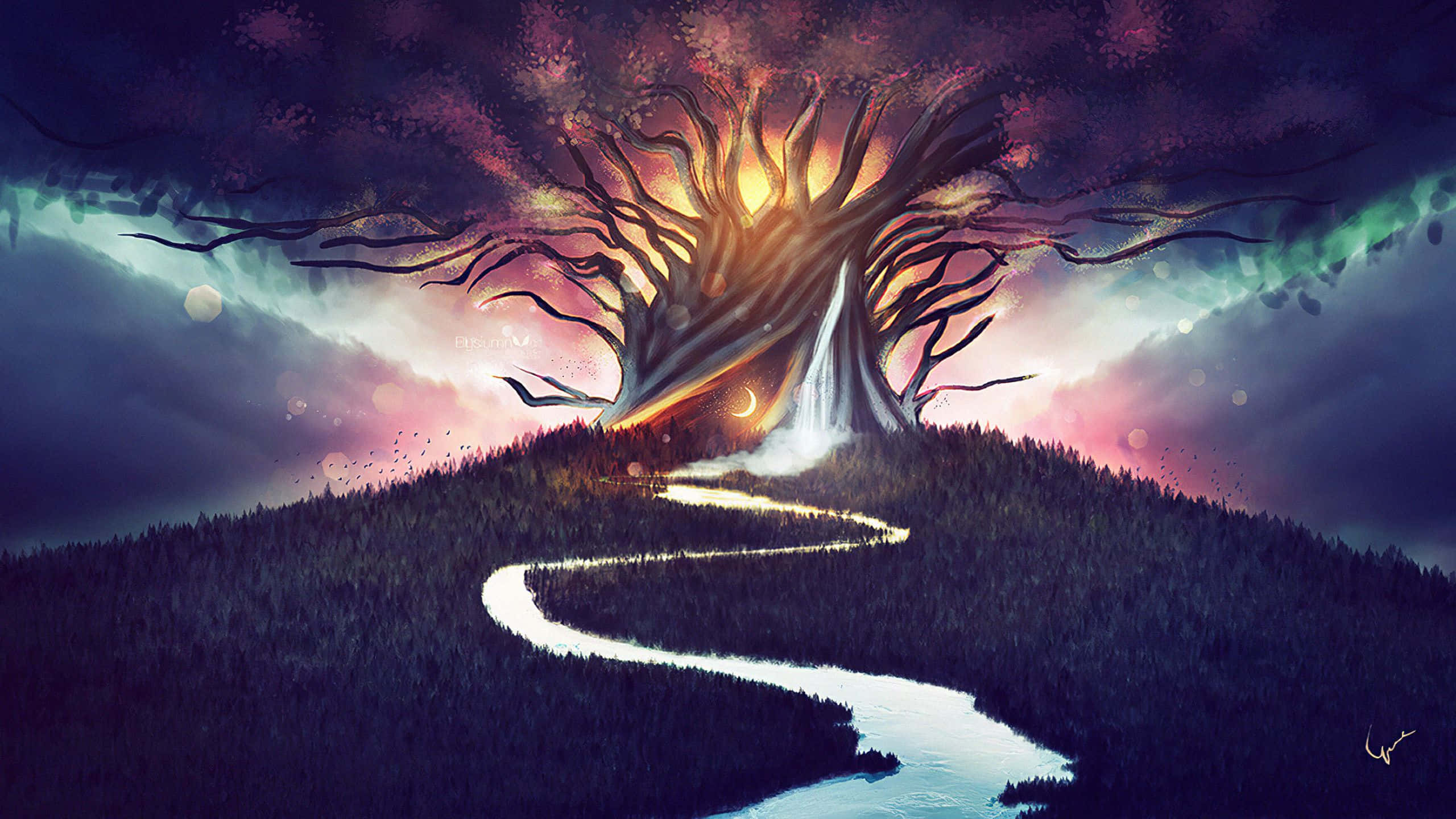 Spiritual Awakening 桌布 壁紙 — 一棵神秘發光的樹，樹根形成瀑布，矗立在森林覆蓋的山丘上，天空呈現充滿活力的暮色。