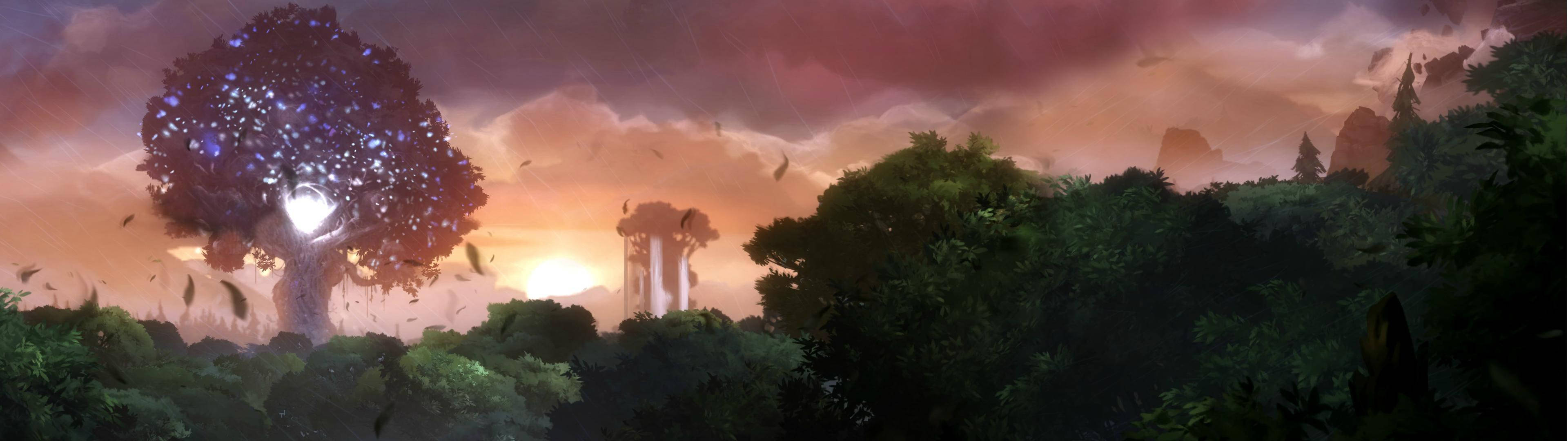 森林 桌布 壁紙 — 一棵神秘發光的樹矗立在茂密的森林中，夕陽西下時，其核心散發出耀眼的光芒。