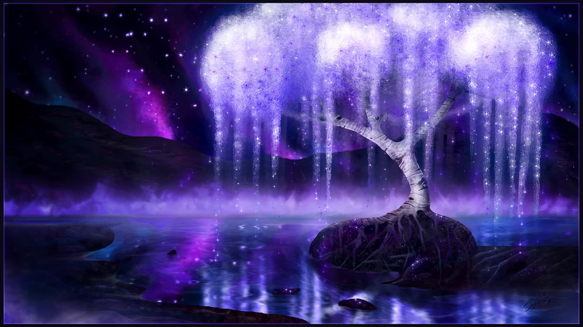 Tree 桌布 壁紙 — 一棵神秘的樹，枝條上滴落著發光的紫色星光，獨自矗立在星空夜空下的宇宙湖中。