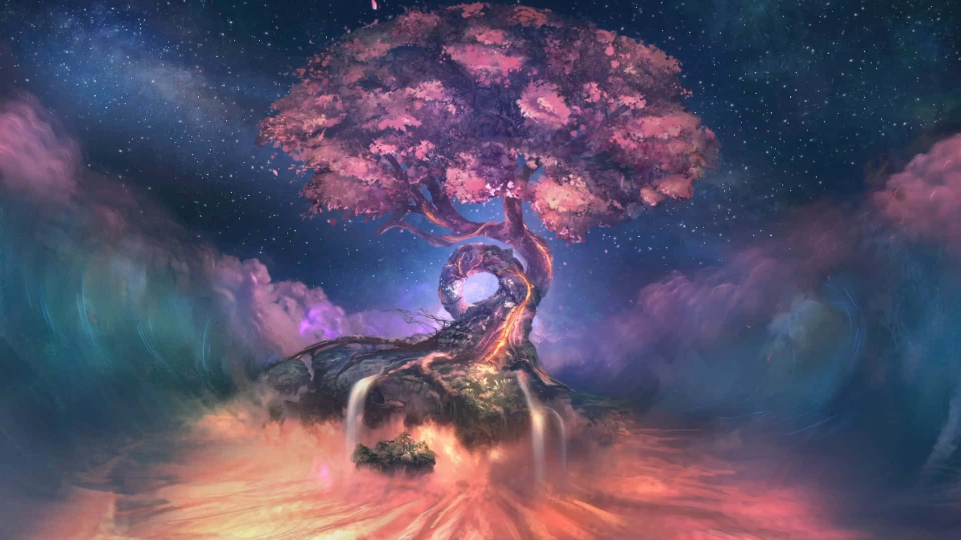Tree Of Life 桌布 壁紙 — 一棵神秘的樹，開著發光的粉紅色花朵，矗立在浮島上，下方是星光燦爛的宇宙天空，有旋轉的星雲和層疊的瀑布。