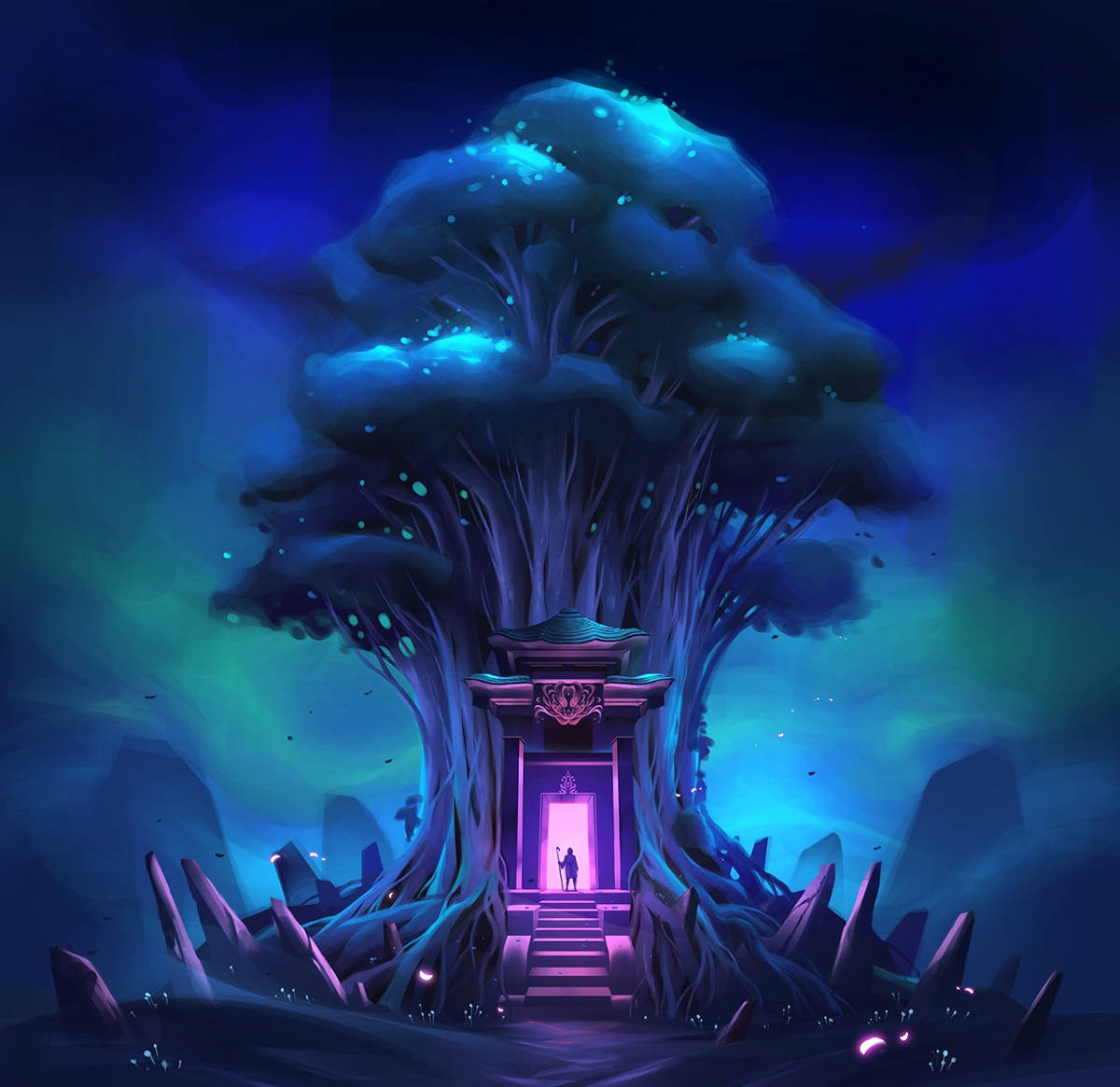 Digital 桌布 壁紙 — 一棵神秘的發光樹，底部有一座寺廟，在黑暗的天空下被空靈的藍色和紫色燈光照亮。
