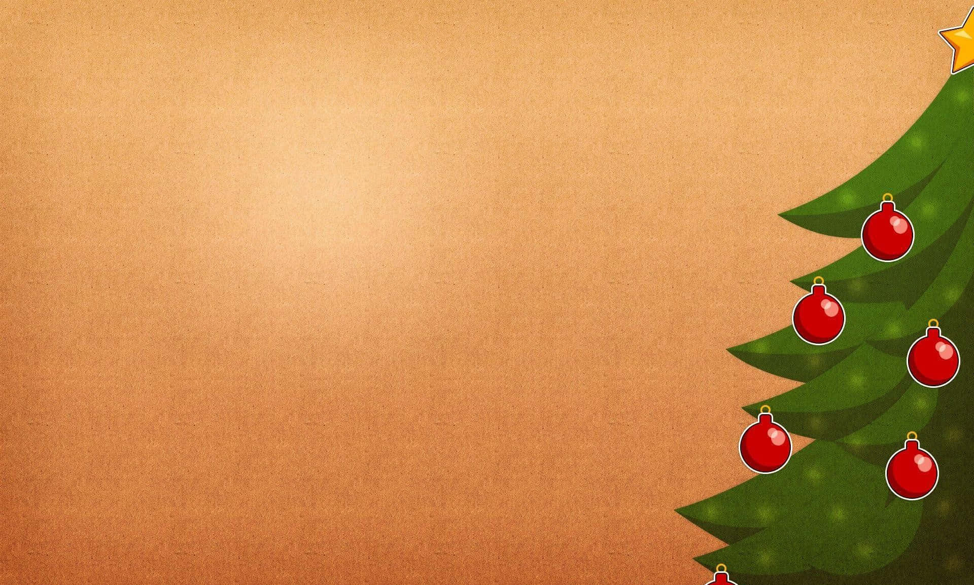 Vintage Christmas 桌布 壁紙 — 一棵節日卡通聖誕樹，帶有紅色裝飾品和金色星星，背景為有紋理的棕色紙張。