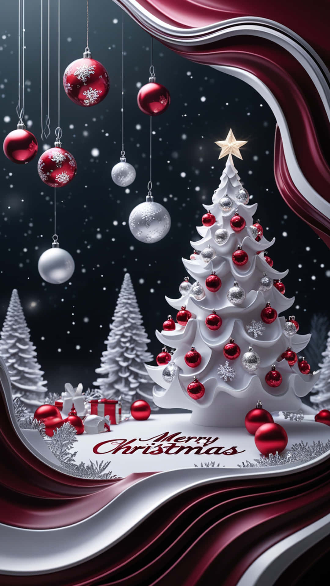 Christmas Wallpaper 壁紙 — 一棵節日白色聖誕樹，裝飾著紅色和銀色飾品以及一顆金色星星，站在飄落的雪花下，掛著吊飾和「聖誕快樂」的祝福。