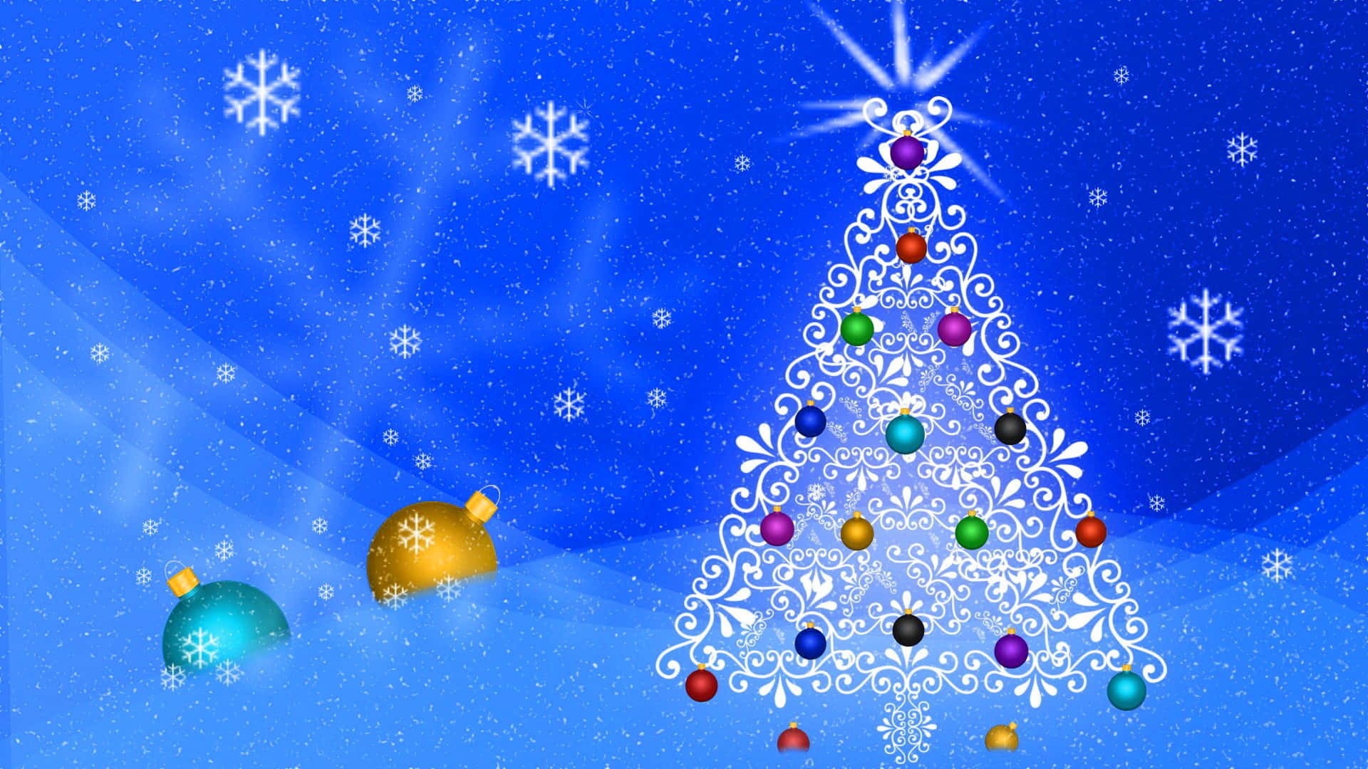 3d Christmas 桌布 壁紙 — 一棵節日白色裝飾聖誕樹，掛滿色彩繽紛的飾物，矗立在飄雪、充滿活力的藍色雪景天空下。
