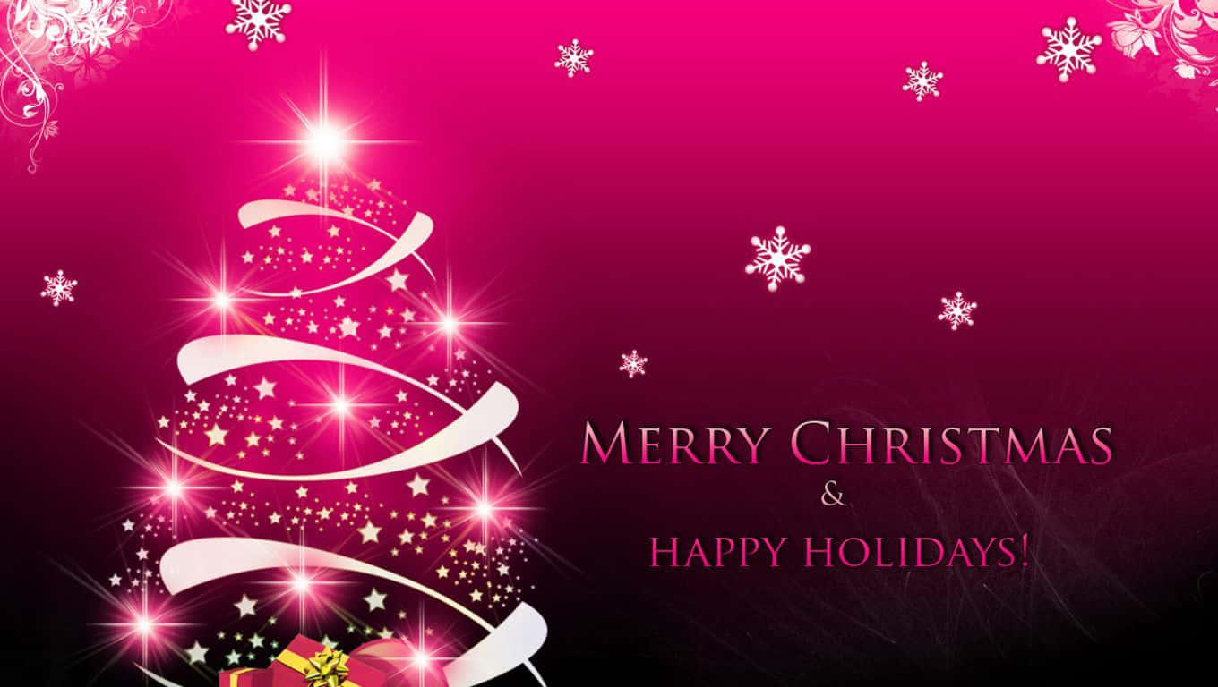 Happy Holidays 桌布 壁紙 — 一棵節日粉紅色聖誕樹，點綴著星星和閃光，背景是洋紅色漸變，飄浮著雪花和節日文字。