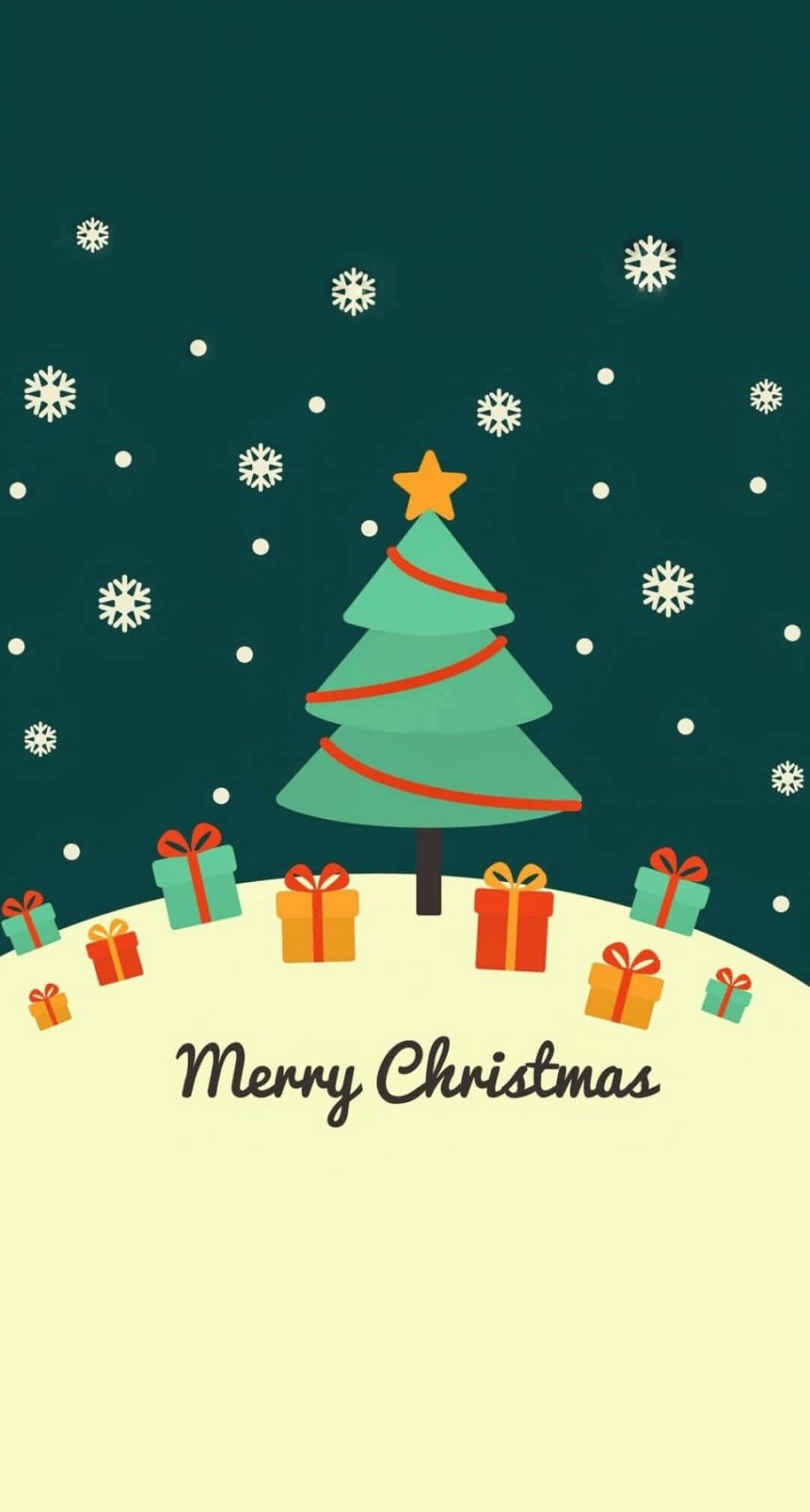 Christmas Tree iPhone 桌布 壁紙 — 一棵節日綠色聖誕樹，裝飾著紅色緞帶和黃色星星，矗立在雪地上，周圍環繞著色彩繽紛的禮物，雪花飄落。