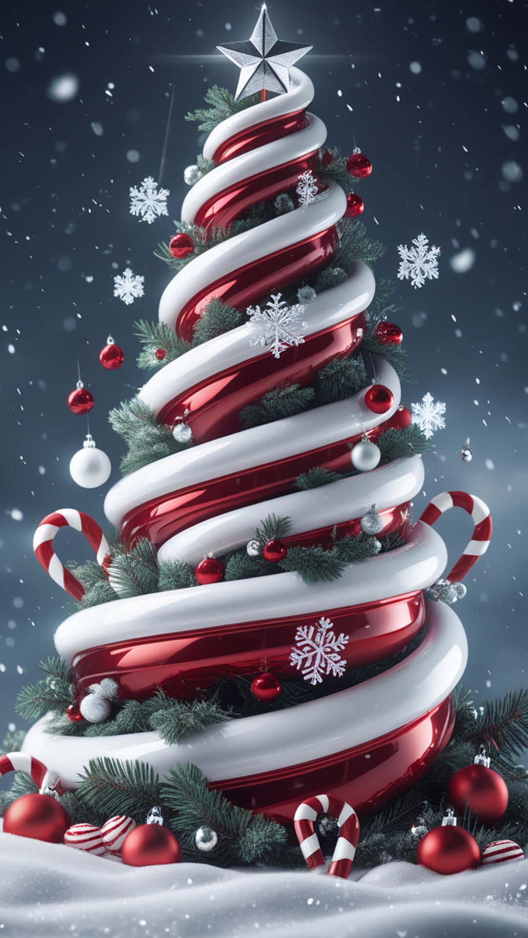 Christmas Wallpaper 壁紙 — 一棵節日聖誕樹，形狀像巨大的紅白相間拐杖糖，裝飾有飾品、雪花和拐杖糖，背景是雪夜天空。