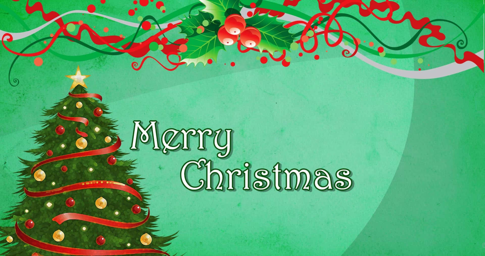Green Christmas 桌布 壁紙 — 一棵節日聖誕樹，裝飾著紅色絲帶、金色飾品和一顆星星，旁邊是「聖誕快樂」的文字，背景是帶有冬青葉點綴的綠色紋理背景。