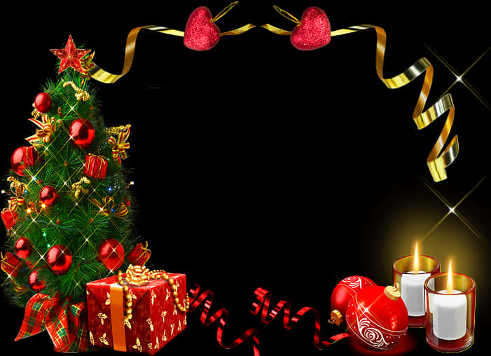 Christmas Borders 桌布 壁紙 — 一棵節日聖誕樹，裝飾著紅色飾物和金色絲帶，襯托著黑色背景上的閃爍蠟燭和禮物。