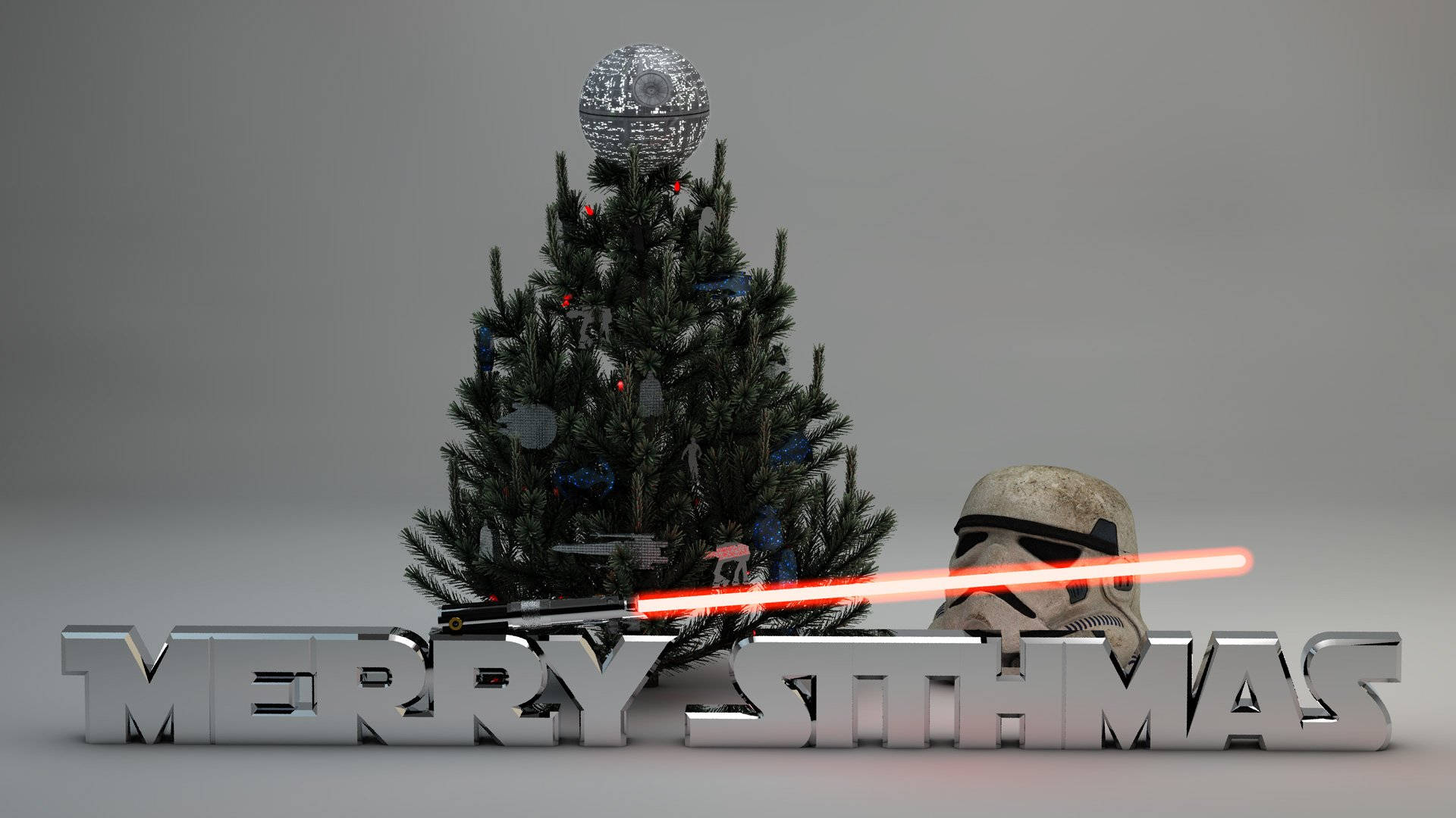 Star Wars Christmas 桌布 壁紙 — 一棵節日聖誕樹，頂部有死星裝飾，旁邊有拿著紅色光劍的風暴兵頭盔，以及「MERRY SITHMAS」字樣。