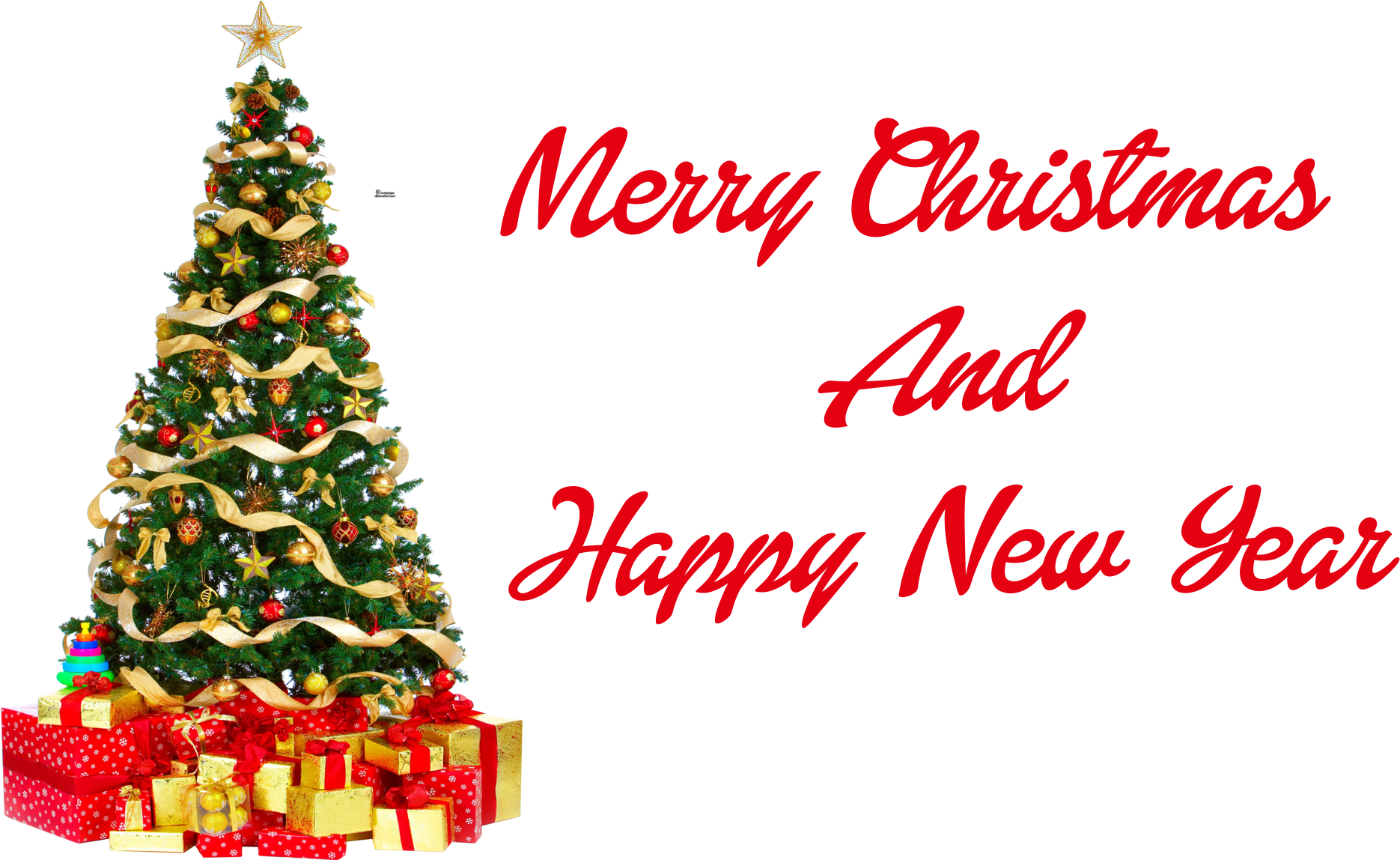 merry christmas and happy new year 桌布 壁紙 — 一棵節日聖誕樹，飾有金色絲帶、紅色裝飾品和頂部的星星，下面有禮物，並配有粗體紅色節日文字。