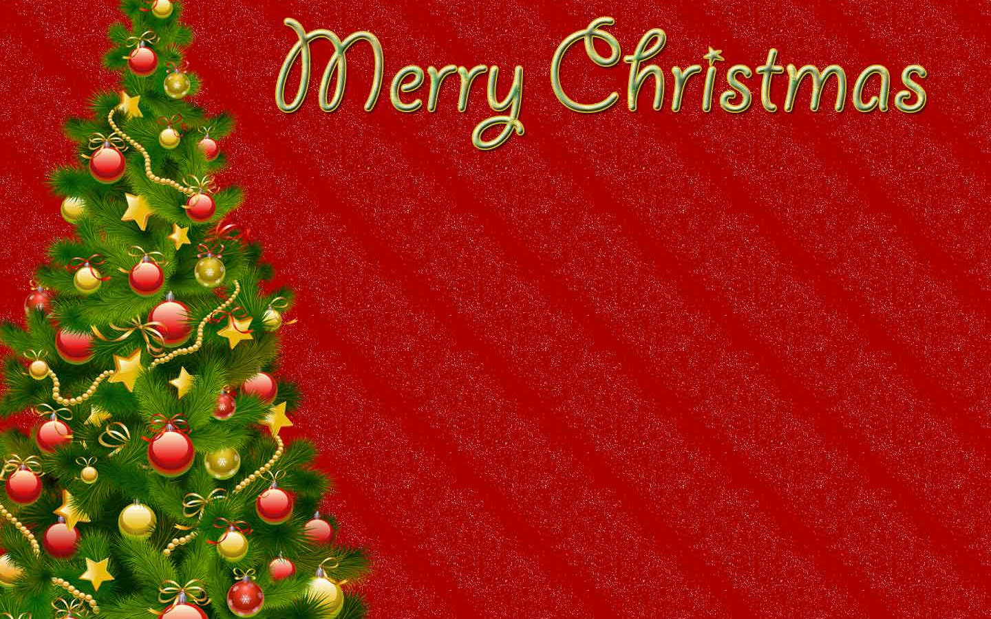 red christmas 桌布 壁紙 — 一棵節日聖誕樹裝飾著紅色、金色和黃色的飾物，立在帶有紋理的紅色背景上，並以金色字體寫著「聖誕快樂」。
