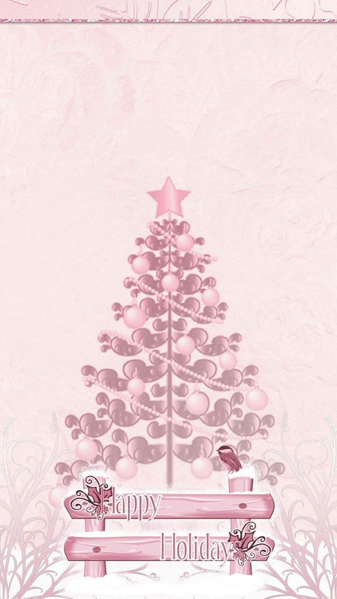 Happy Holidays 桌布 壁紙 — 一棵粉紅色插畫聖誕樹，裝飾著飾品和一顆星星，站在一個寫著佳節快樂的節日標誌後面。