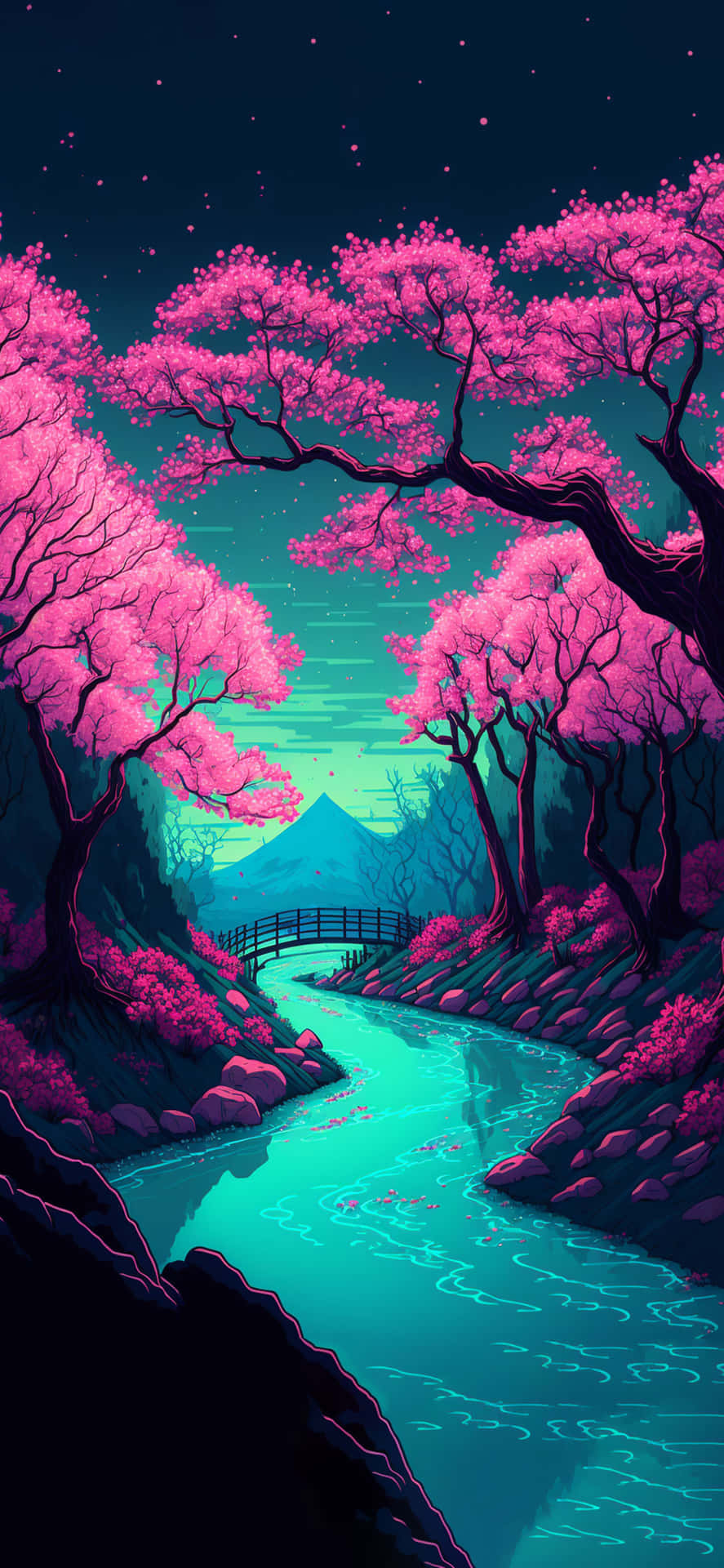 一棵粉紅色的樹，背景有河流
