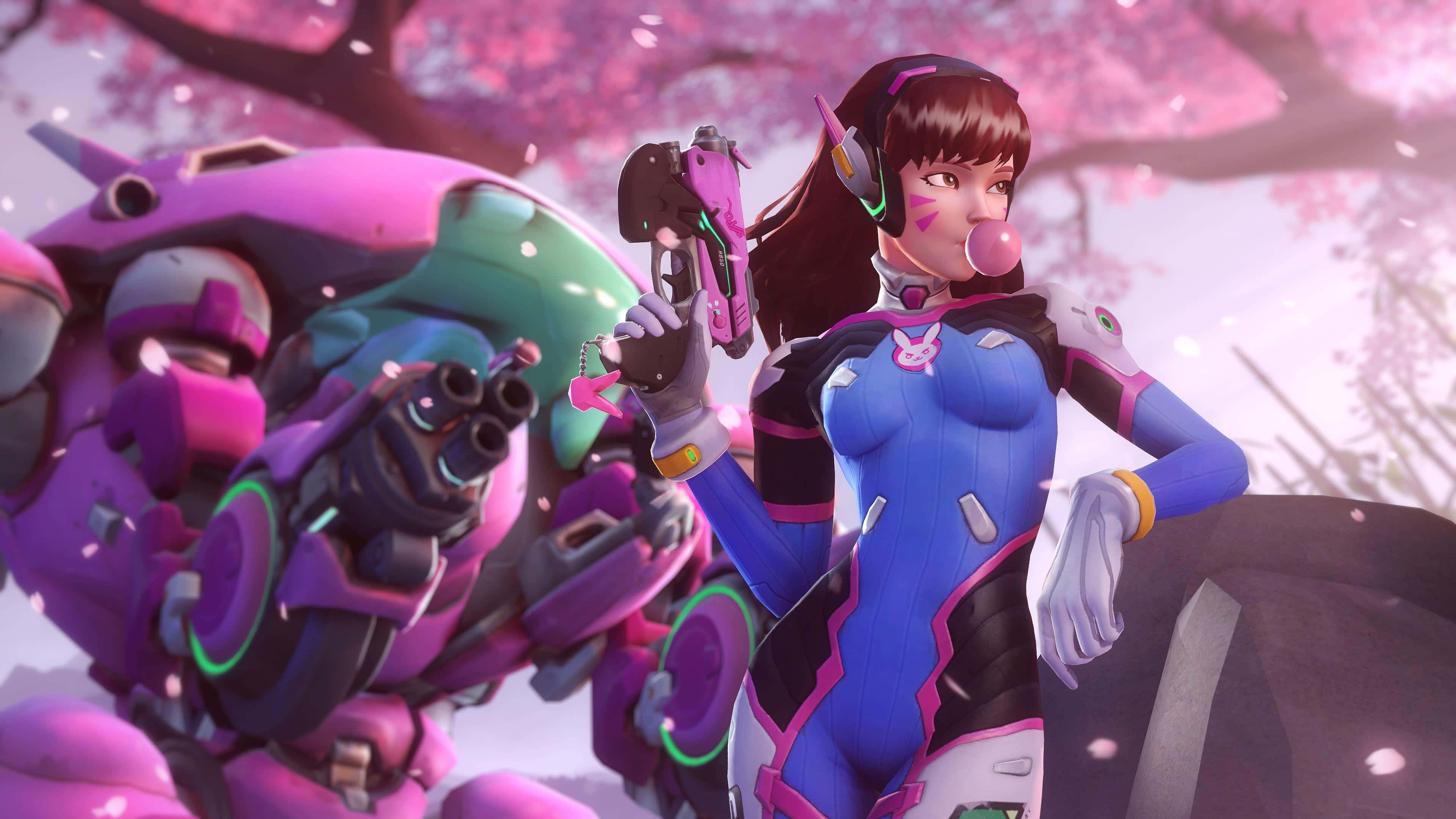 Overwatch D.va 桌布 壁紙 — 一棵粉紅色的櫻花樹框住了一位身穿藍色和粉紅色盔甲、手持武器、吹著泡泡糖的女性英雄。