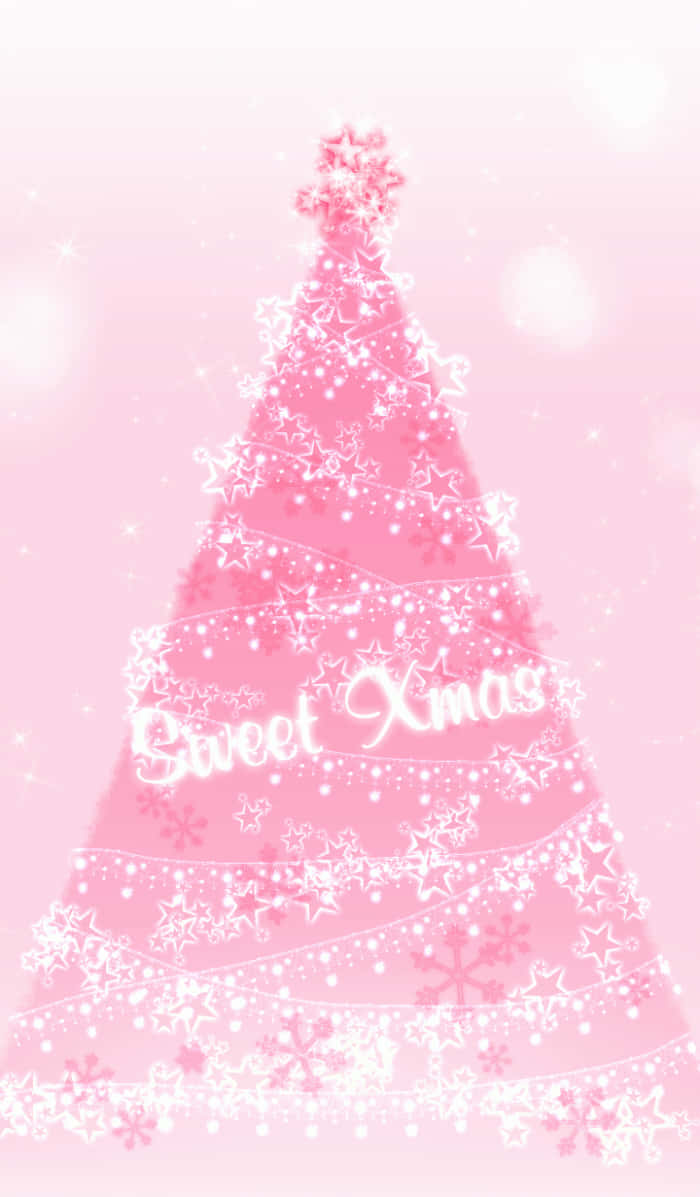 Pink Christmas Tree 桌布 壁紙 — 一棵粉紅色聖誕樹，飾有白色星星和雪花，在夢幻般的粉紅色背景上柔和地發光。