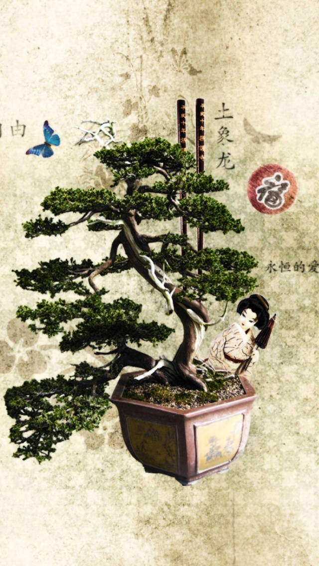 Plant 桌布 壁紙 — 一棵精緻的盆景樹，帶有微型人物和蝴蝶，位於帶有中文字的舊羊皮紙上。