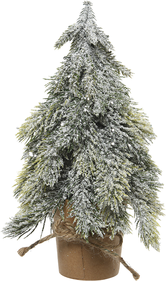 Artificial Christmas Tree 桌布 壁紙 — 一棵細小的結霜常綠樹，放在一個用麻繩綁著的鄉村風格紙板盆中，背景為黑色。