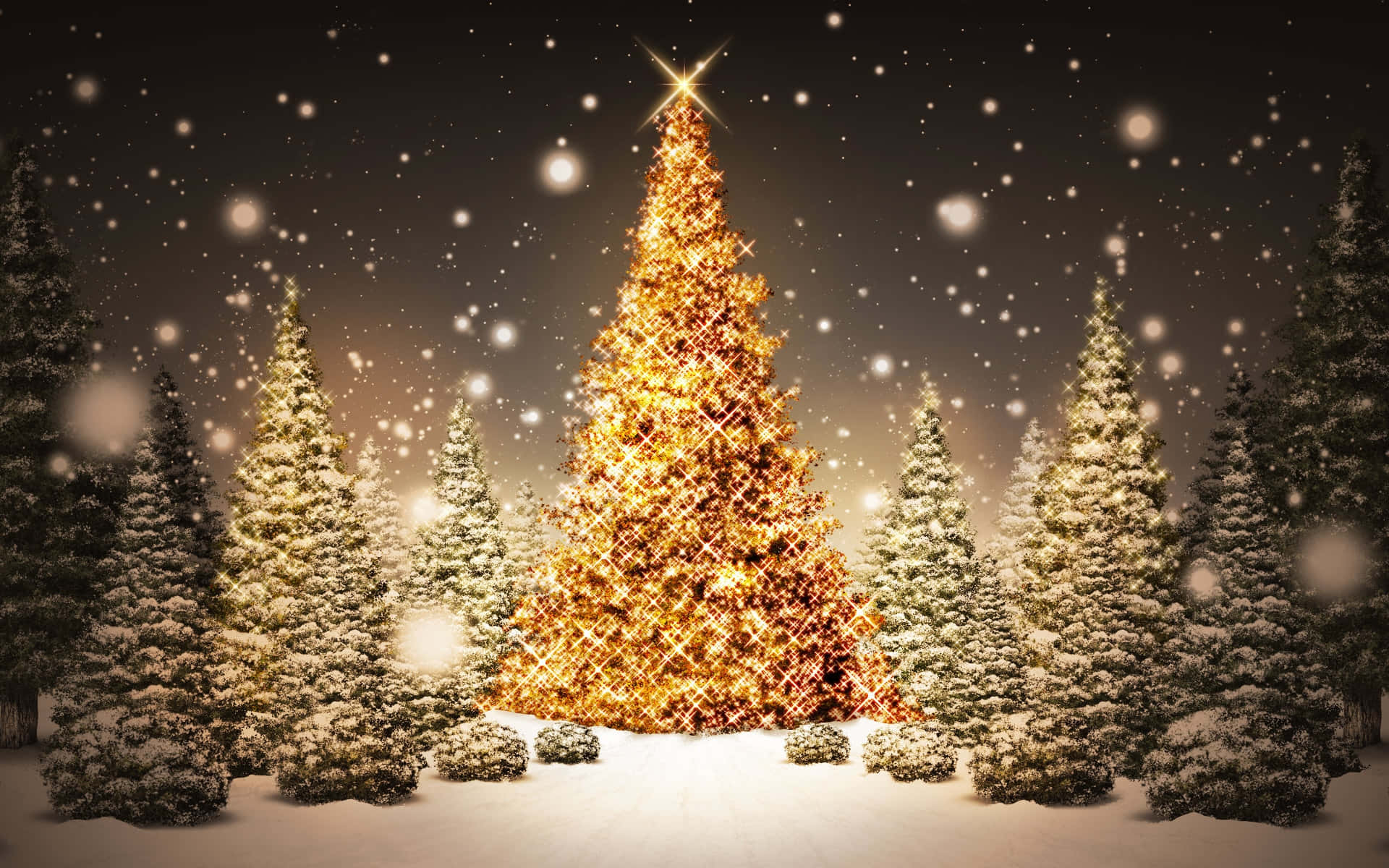 3d Christmas 桌布 壁紙 — 一棵耀眼的金色聖誕樹在飄雪下散發溫暖，被白雪覆蓋的常青樹環繞在寧靜的冬夜中。