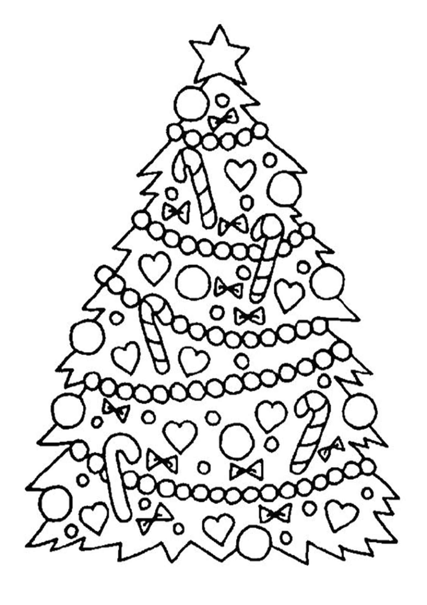 Christmas Coloring 桌布 壁紙 — 一棵聖誕樹的黑白線條畫，裝飾有糖果杖、愛心、蝴蝶結和圓圈，頂部有一顆星星。
