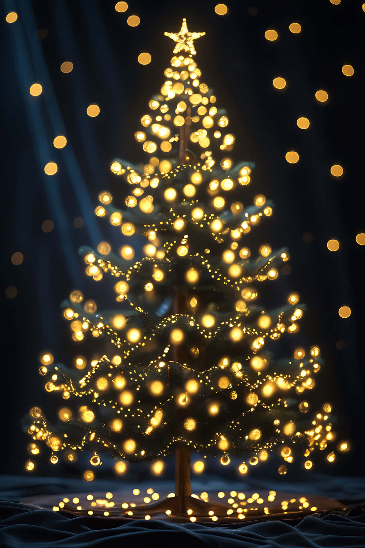 Illuminated christmas tree 壁紙 — 一棵聖誕樹裝飾著閃爍的金色燈光和星星樹頂，矗立在帶有散景效果的深藍色背景前。