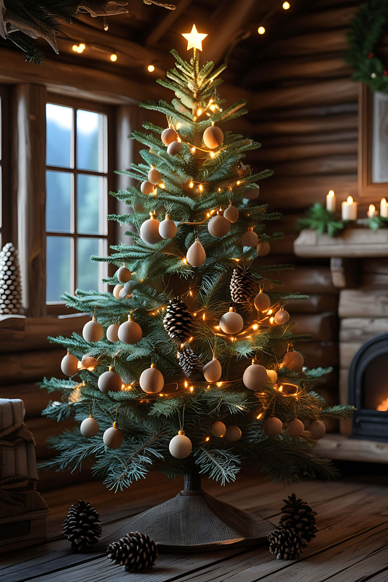 Cozy christmas tree in rustic cabin 壁紙 — 一棵舒適的室內聖誕樹，裝飾著溫暖的串燈、米色裝飾品和松果，矗立在壁爐附近的質樸木屋中。