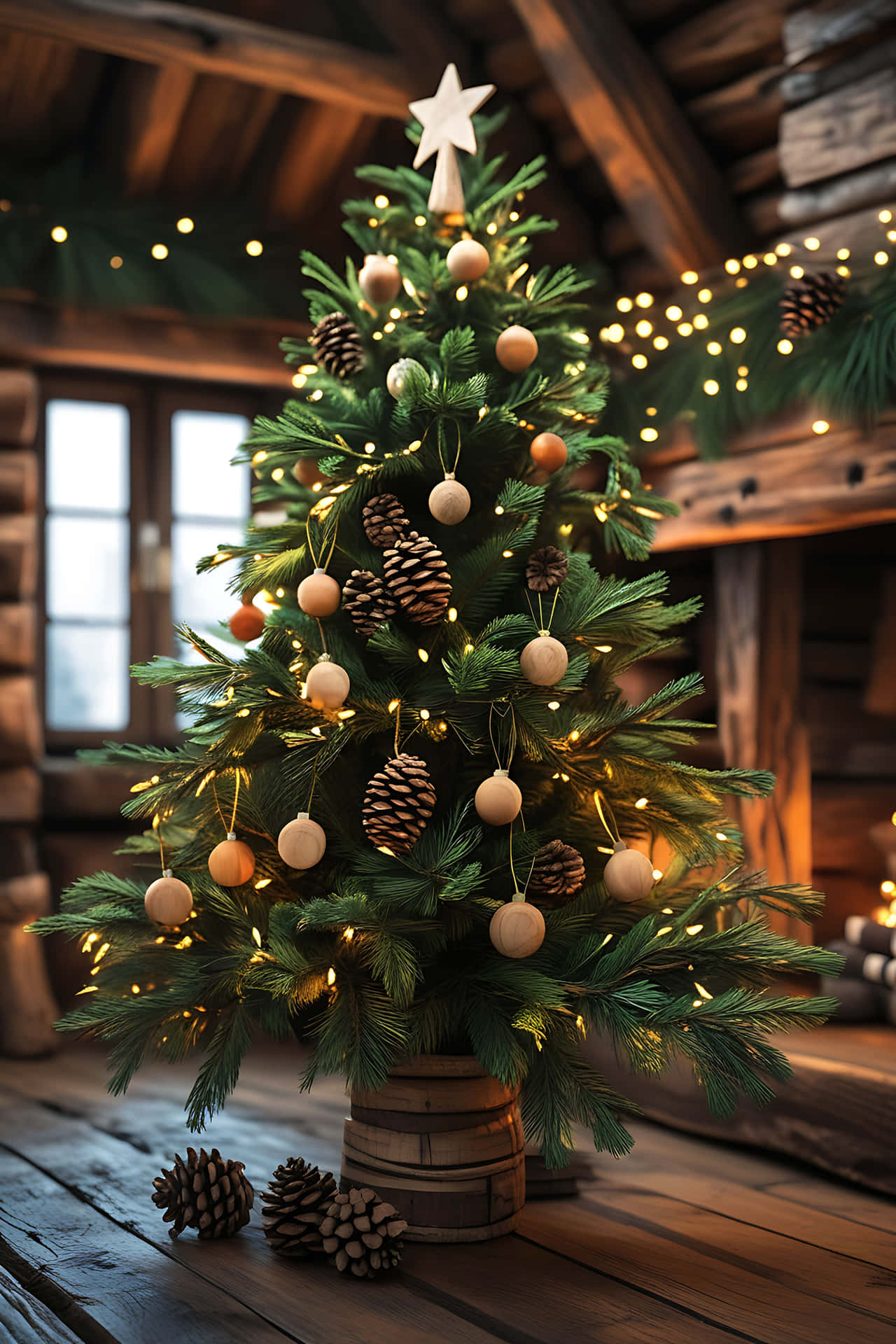 Cozy rustic christmas tree in wooden cabin 壁紙 — 一棵舒適的聖誕樹，裝飾著松果和木製飾品，矗立在質樸的木屋中，被溫暖的串燈照亮。