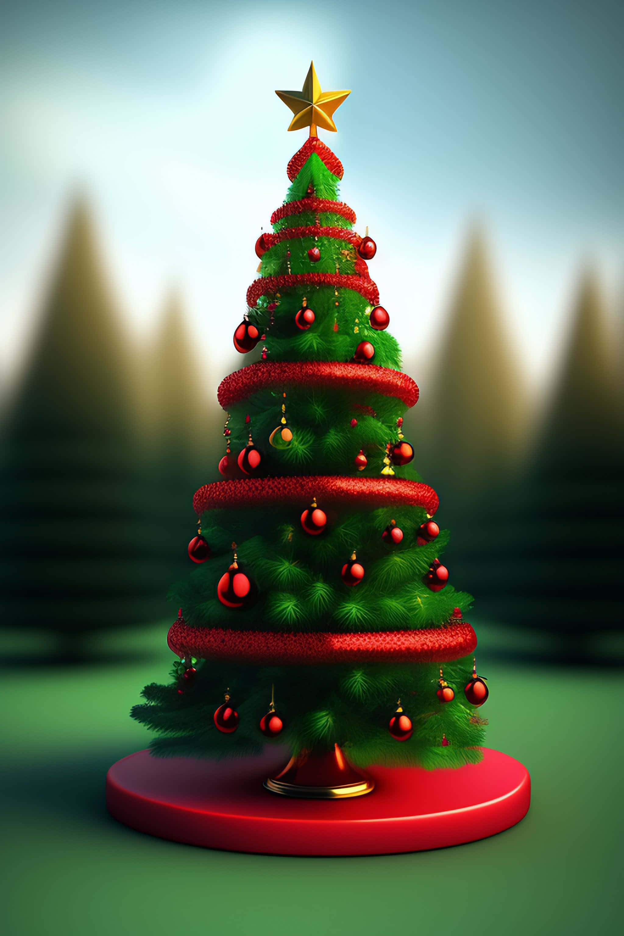 3d Christmas 桌布 壁紙 — 一棵色彩鮮豔的3D渲染聖誕樹，飾有紅色絲帶和裝飾品，頂端有一顆金色星星，立在紅色底座上，背景是模糊的森林。