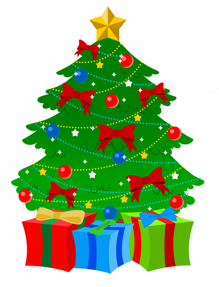 Christmas Clip Art 桌布 壁紙 — 一棵色彩鮮豔的卡通聖誕樹，裝飾著紅色蝴蝶結、藍色飾物和閃爍的燈光，高高矗立，樹底放著包裝好的禮物。