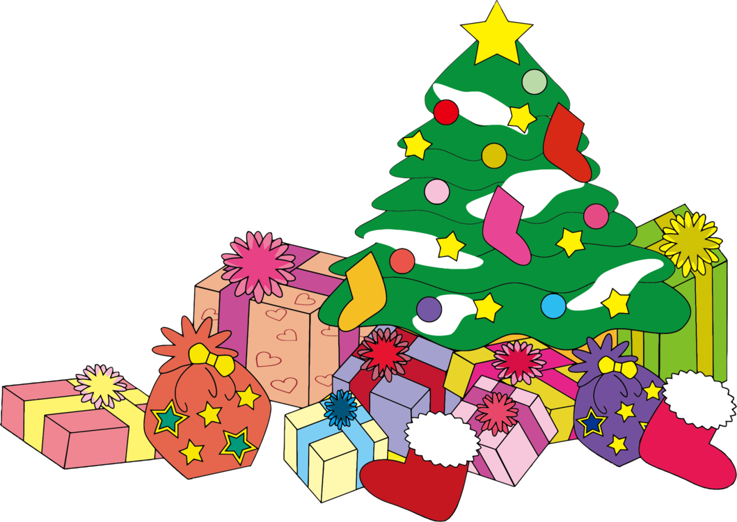 Christmas Clip Art 桌布 壁紙 — 一棵色彩鮮豔的卡通聖誕樹，裝飾著星星和襪子，周圍環繞著包裝好的禮物和襪子。