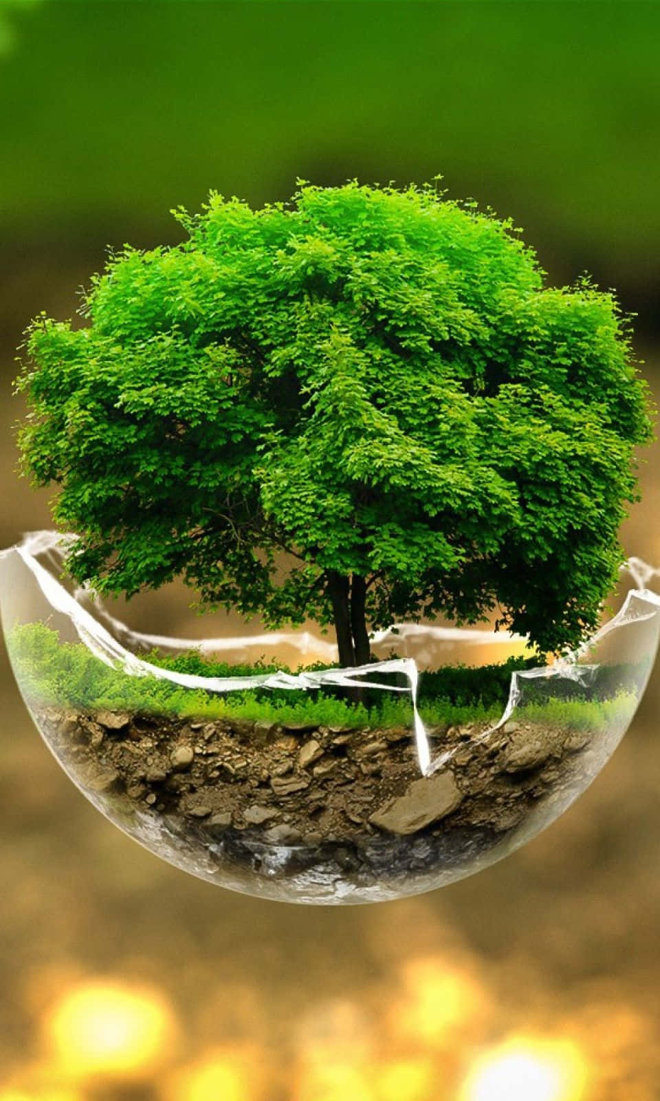 Tree 桌布 壁紙 — 一棵茂盛的綠色樹木在一個有裂縫的玻璃球中生長，帶有土壤和草，背景是模糊的金色。
