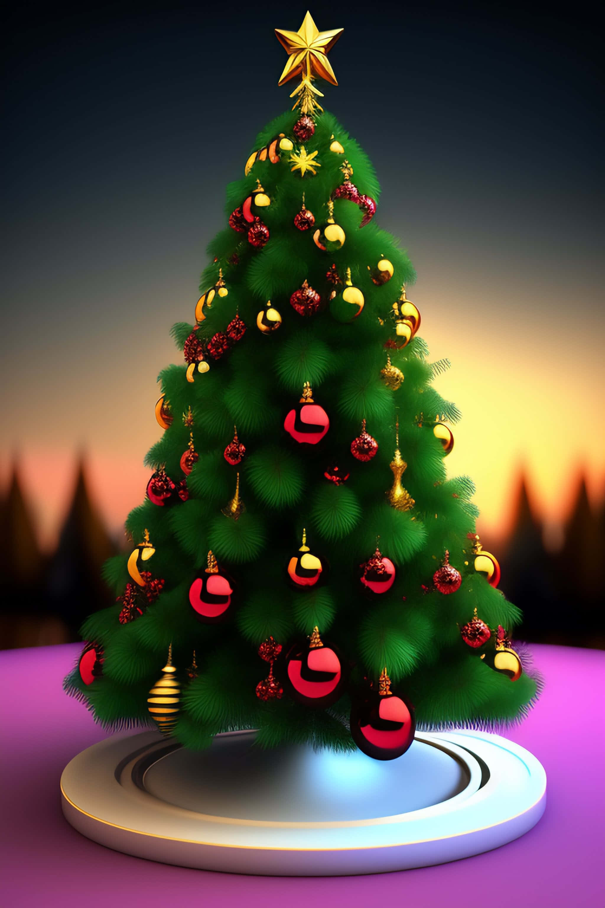 3d Christmas 桌布 壁紙 — 一棵茂盛的綠色聖誕樹，裝飾著紅色和金色的飾品以及一顆閃亮的星星，矗立在發光的基座上，背景是溫暖的日落。