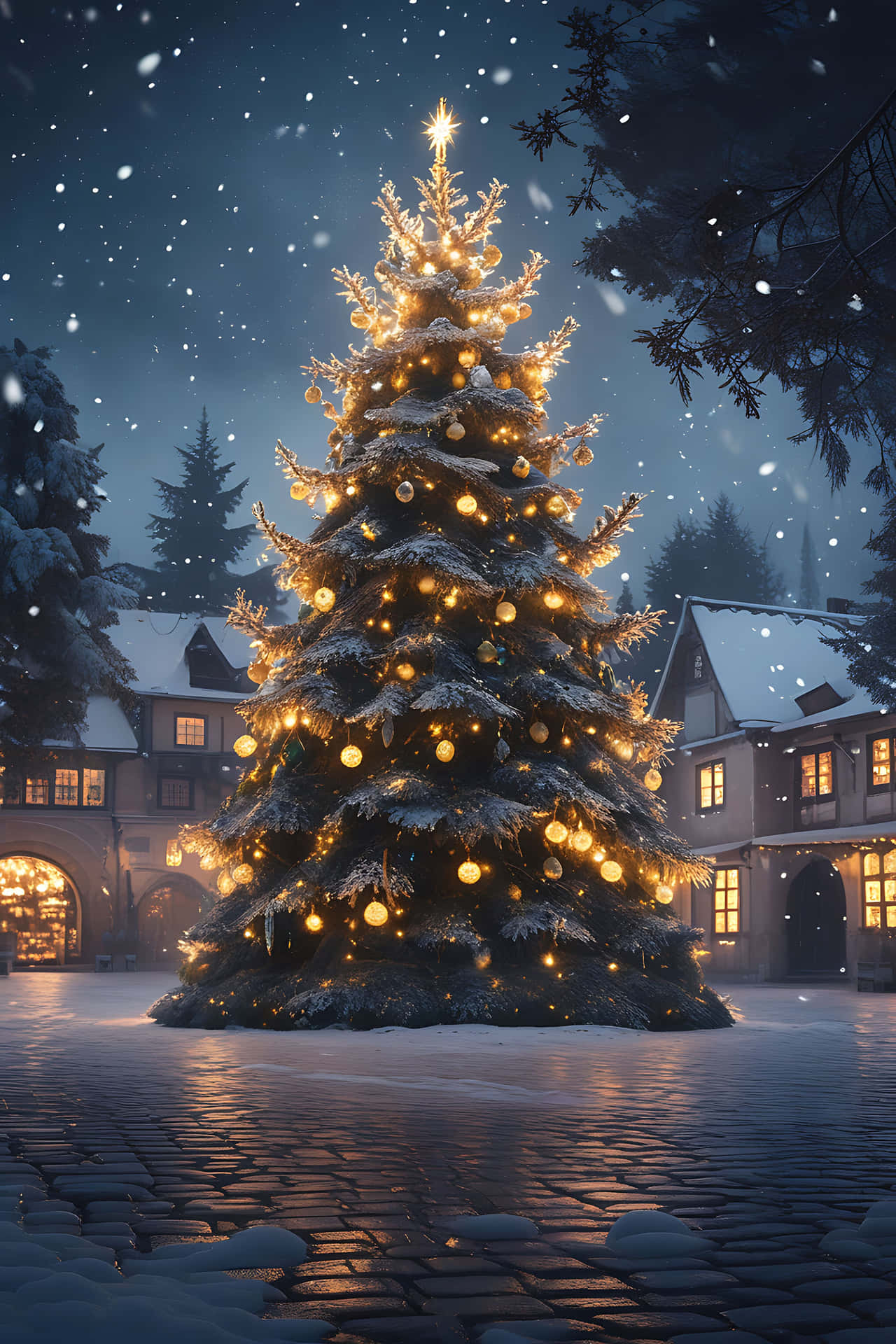Snowy christmas tree in village square 壁紙 — 一棵被雪覆蓋的大聖誕樹閃爍著金色燈光，矗立在雪夜的鵝卵石廣場上，背景是飄落的雪花和溫暖燈光的建築物。