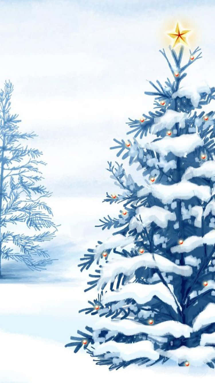 Christmas iPhone 桌布 壁紙 — 一棵被雪覆蓋的常青樹，裝飾著發光的燈飾和頂端明亮的星星，矗立在寧靜的冬季景觀中。